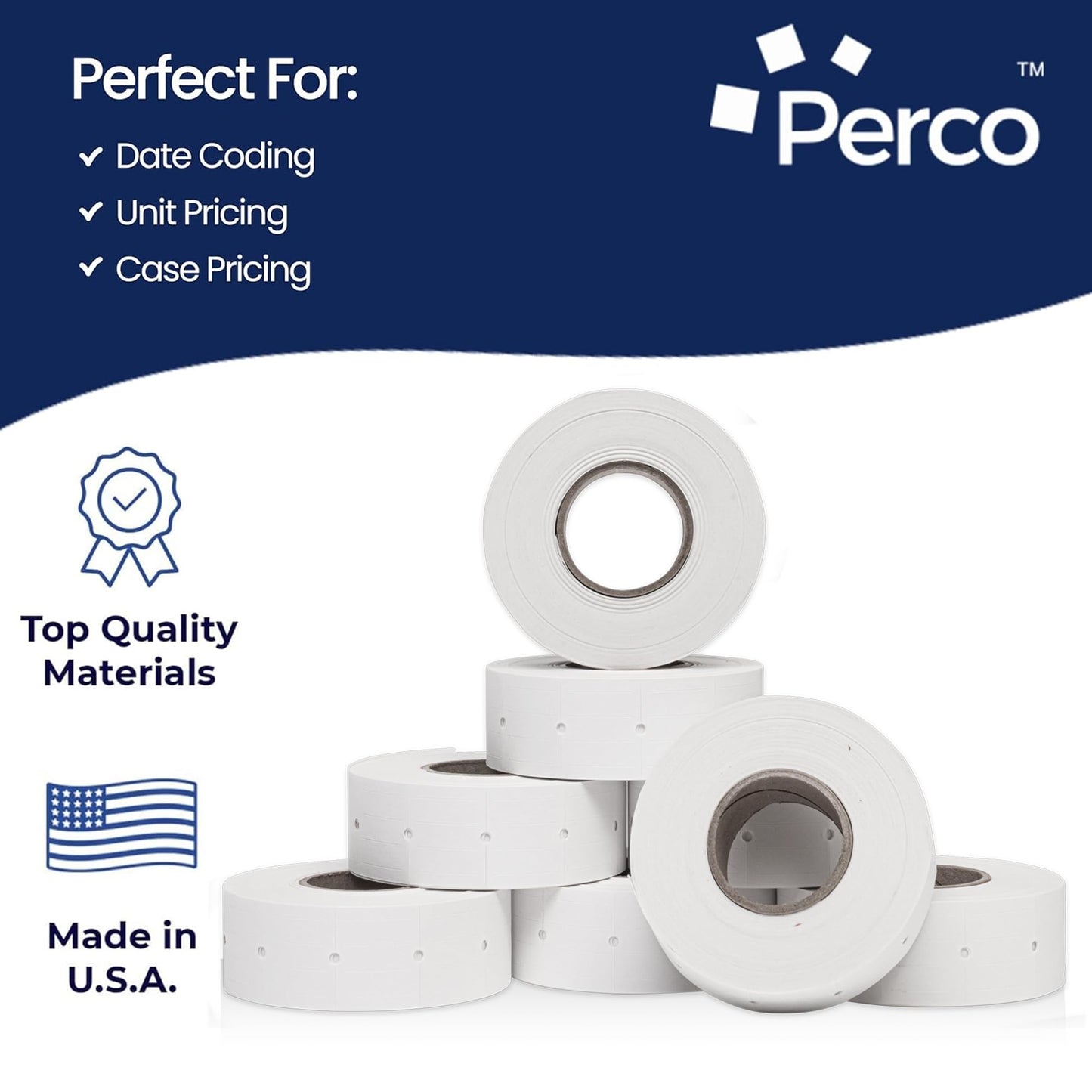Perco 2 Line White Labels - 8 Rolls, 1 Sleeve, 6,000 Blank Price and Date Gun Labels for Perco 2 Line Price and Date Guns - Made in USA