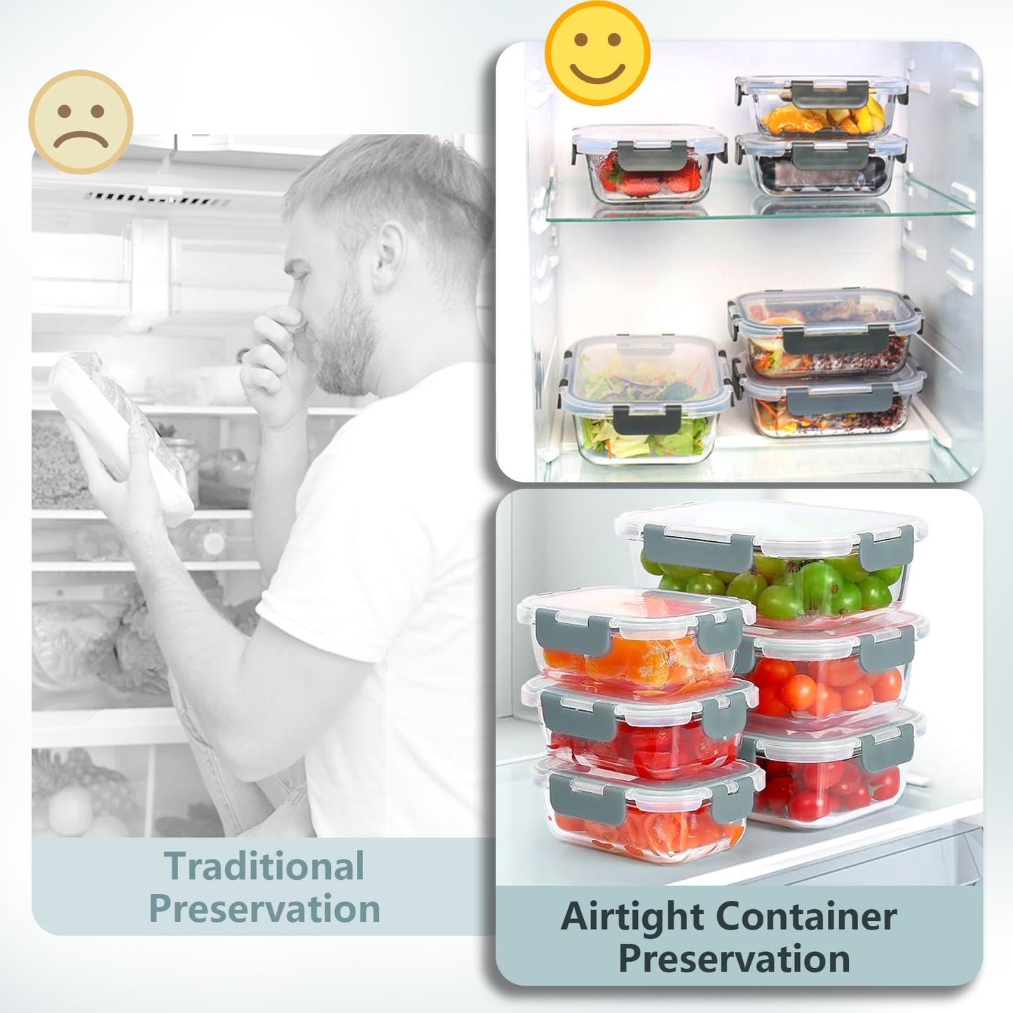 Bestfull 12 Pack Glass Food Storage Container Set with Lids Non Toxic, Stackable Borosilicate Glass Meal Prep Containers, Microwave, Oven, Freezer and Dishwasher Safe (Gray)