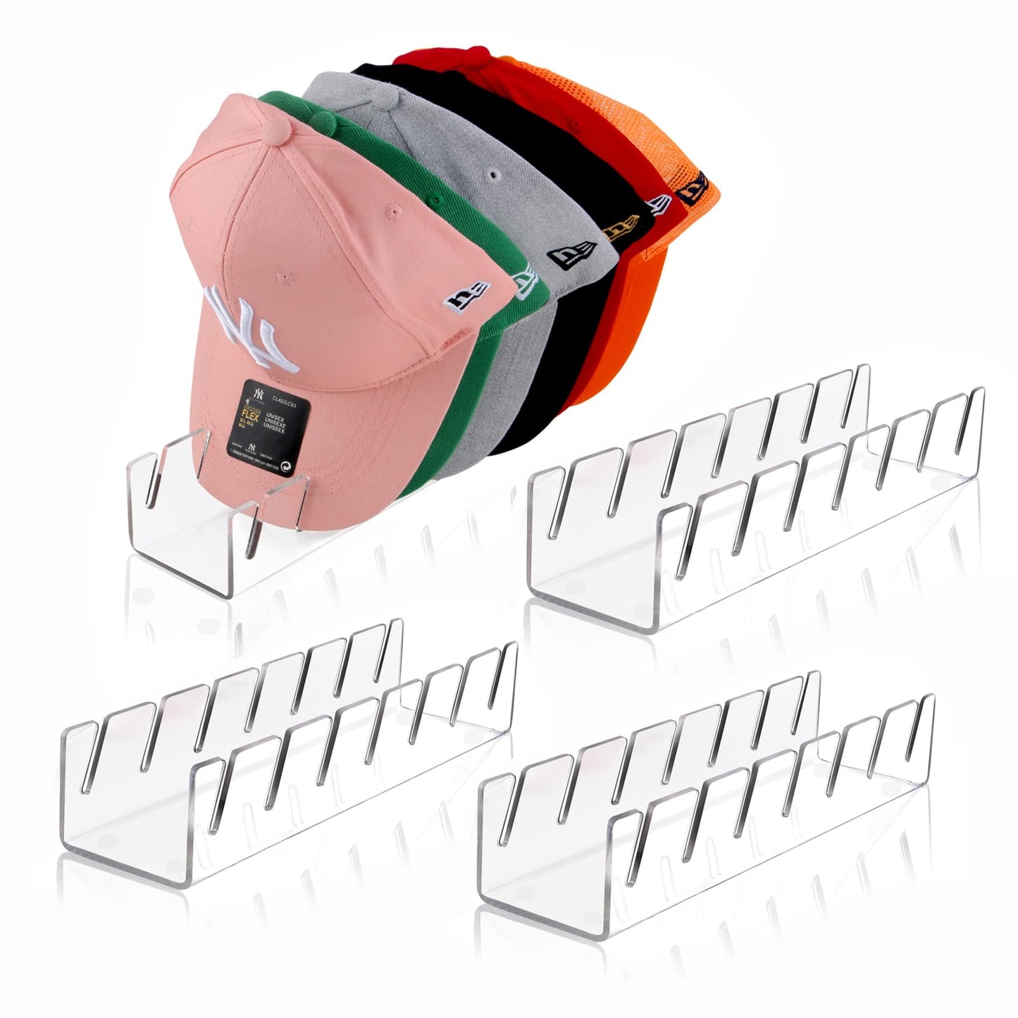 Hat Stand for Baseball Caps, 4 Pack No Install Acrylic Hat Organizer for 28 Baseball Caps Storage Organizer, Hat Racks Hat Holder Display and Organization for Closet, Bedroom, Dresser (Clear-4Pack)