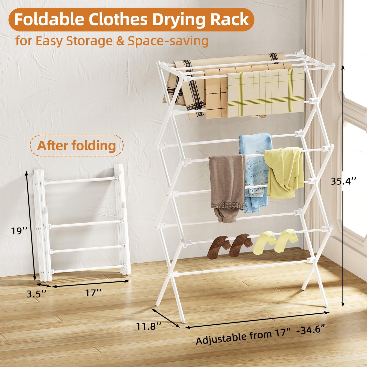 FILROUG Drying Rack Clothing, 3-Tier Clothes Drying Rack Foldable, Antirust Laundry Drying Rack Collapsible Use for Indoor & Outdoor, 11.8" D x 34.6" W x 35.4" H, White