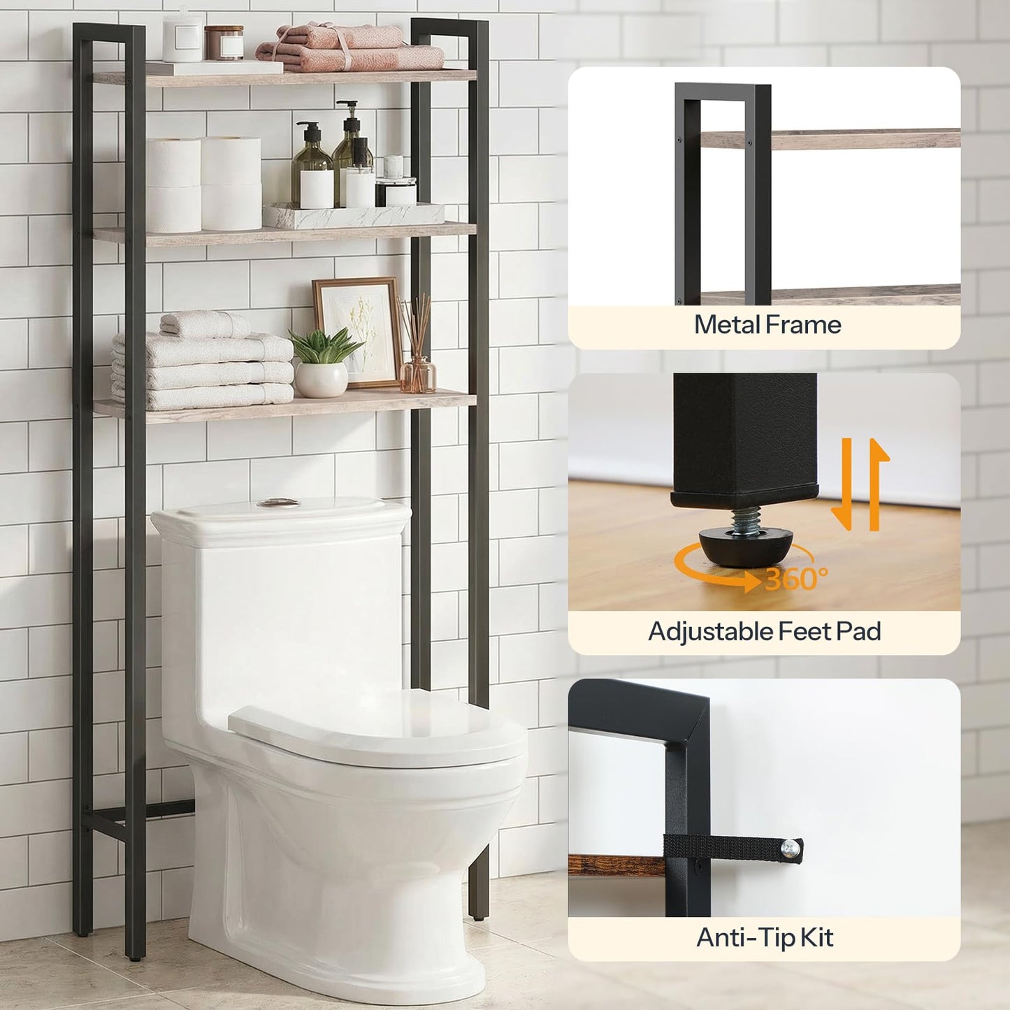 HOOBRO Over The Toilet Storage, 3-Tier Bathroom Organizer Shelf Over Toilet, Freestanding Bathroom Storage Shelves, Space Saver, Easy to Assemble for Room, Greige and Black BG41TS01