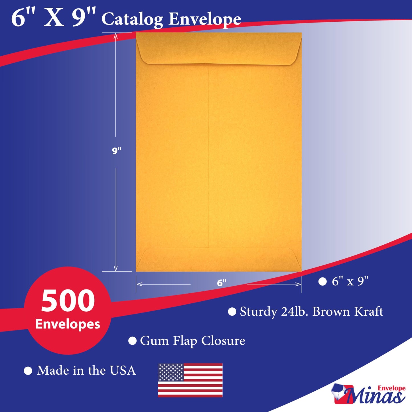 500 Minas Envelope - 6x9 Catalog Envelopes, Open End with Gummed Seal, 24lb Kraft Paper, for Catalogs, Presentations and Newsletters, 500 Count