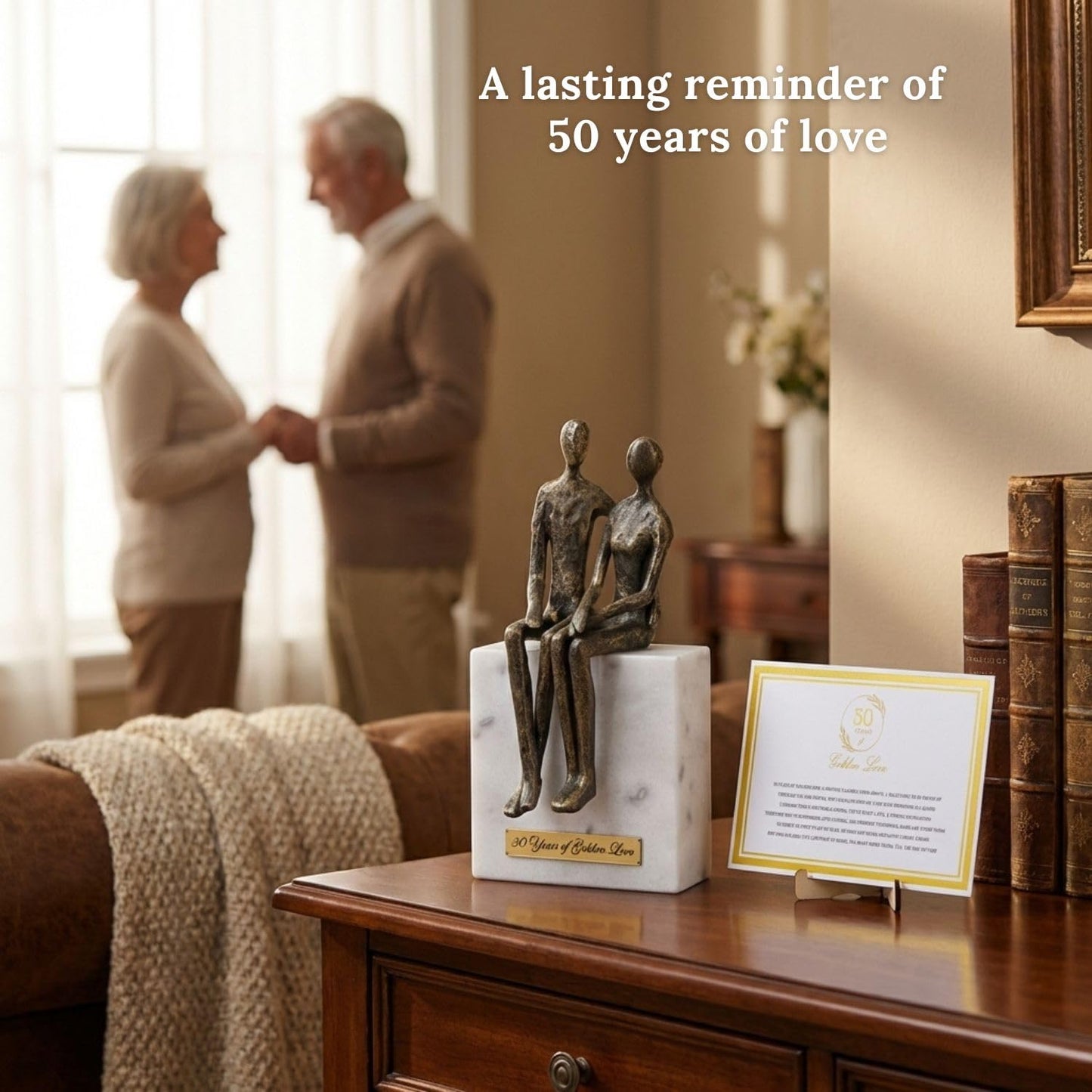 DCAPILLA 50th Wedding Anniversary Couple Gifts - Iron Couple Sculpture on Marble Rock - Keepsake with Poem Card and Engraved Plaque