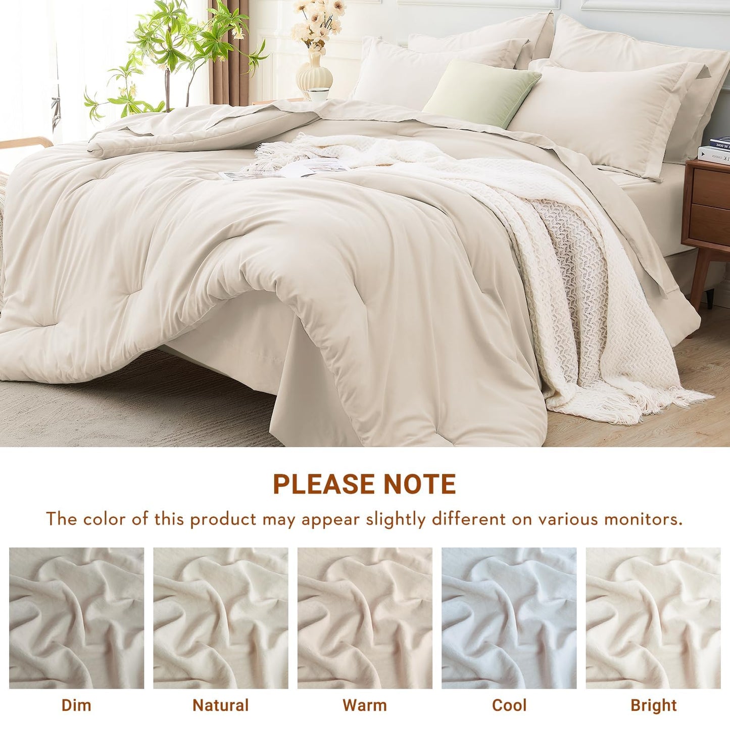 MUXHOMO 7 Pieces California King Comforter Set, Soft Bed in a Bag Cal King Size, All Season Bedding Set with Comforter, Flat Sheet, Fitted Sheet, Pillowcases & Shams, Beige