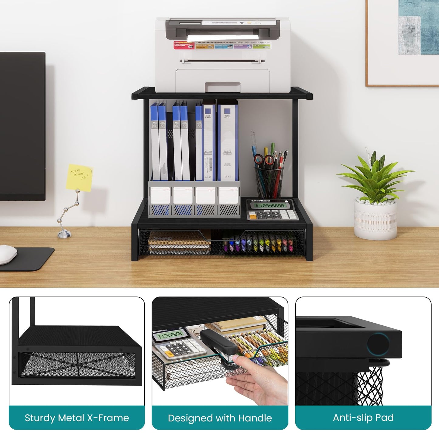 ELITEROO 2-Tier Printer Shelf with Drawers, Wooden Desk Organizer Shelf for Small Printers and Office Supplies, Desktop Storage Rack for Books, Folders, Scanner, Fax Machine, 3D Printer, Black