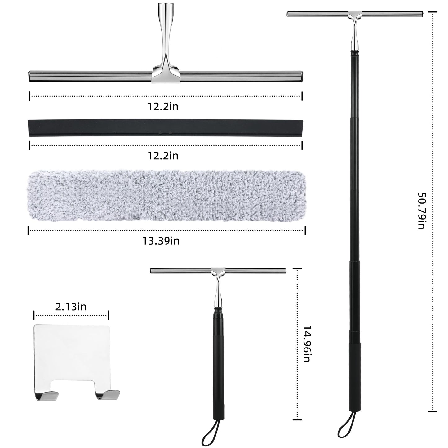 Toncoke 2 in 1 Window Squeegee, Shower Squeegee Window Cleaning Kit with Extension Pole Long Handle Squeegee for Shower Glass Floor Bathroom Home Outdoor, 12 inch Wide, Black