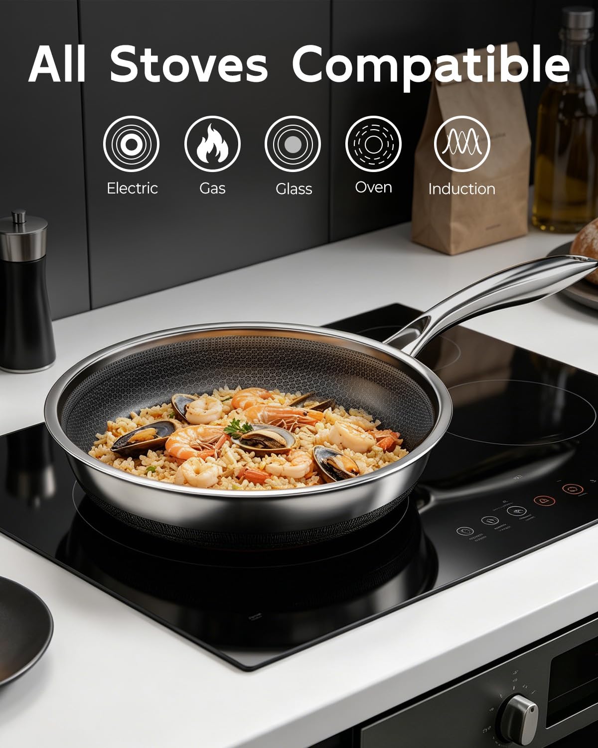 FogDream 8 Inch Nonstick Frying Pan with Lid, Honeycomb Hybrid Stainless Steel Skillet, Tri-Ply Induction Compatible, Non Toxic Frying Pan, Oven Safe, Dishwasher Safe, Silver