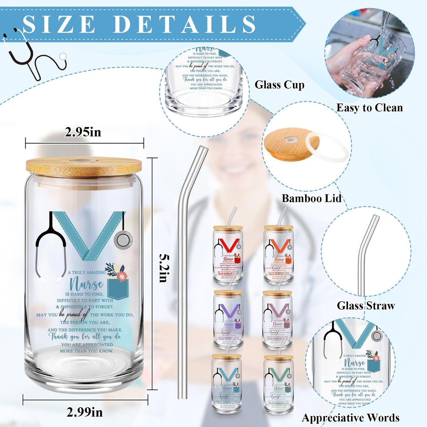 Tiangrid 4 Pcs CNA Week Appreciation Gifts Set 16 oz Glass Cup with Lid Makeup Bag Keychain Badge Reel Happy CNA Week Party for Medical Assistant Nursing Student(24 Pcs,Multicolor,Stethoscope)