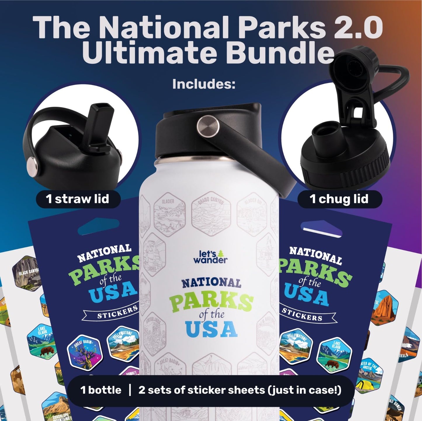 LET'S WANDER National Parks Water Bottle 2.0 Ultimate Bundle | Includes Straw Lid, Chug Lid & 2 Sets of 63 Waterproof Stickers | 32oz Leakproof Insulated Stainless Steel Gift Pack (Blue)