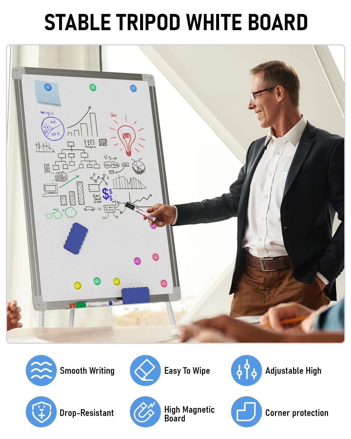 Nicpro Easel Whiteboard with Stand, 36 x 24'' Magnetic Dry Erase White Board Tripod Height Adjustable with Pens, Eraser, Magnet, Flipchart Easel Stand White Board for Kid Student Office Home Classroom