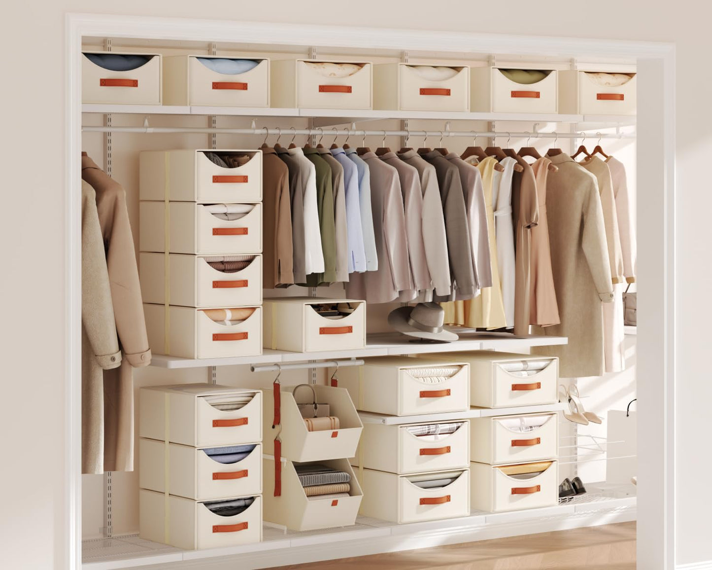 Homsorout Stackable Storage Drawers - Collapsible Storage Bins with Drawers, 4 Pack Closet Shelf Organizer Basket, Fabric Pull Out Organizer for Bedroom, Living Room, Dorm, Beige