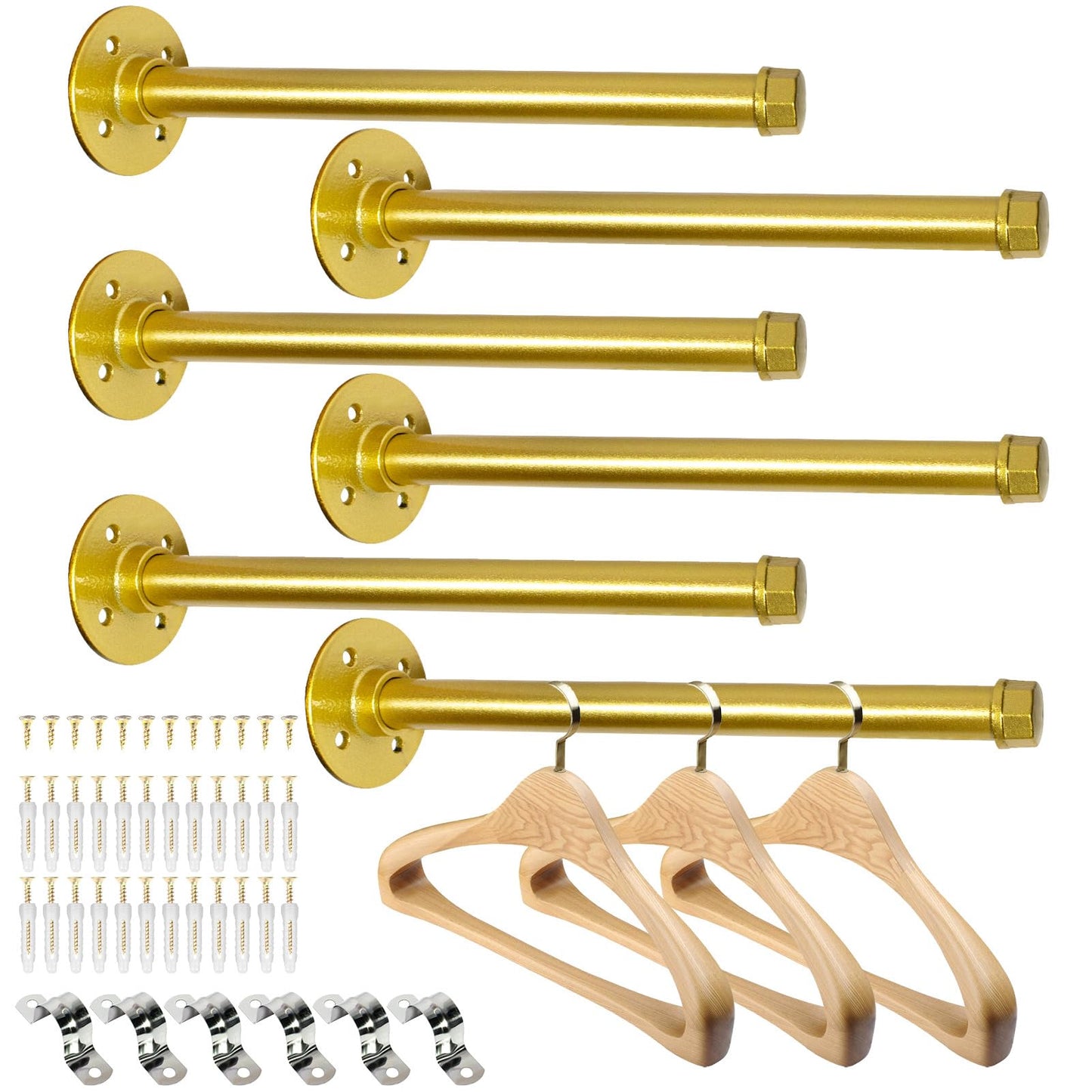 Pintuson 6 Pcs Industrial Pipe Clothes Bar 12 Inch - Wall Mount Clothing Rack - Face Out Closet Rods for Hanging Clothes Commercial Retail Boutique Laundry Shirt Display - Golden