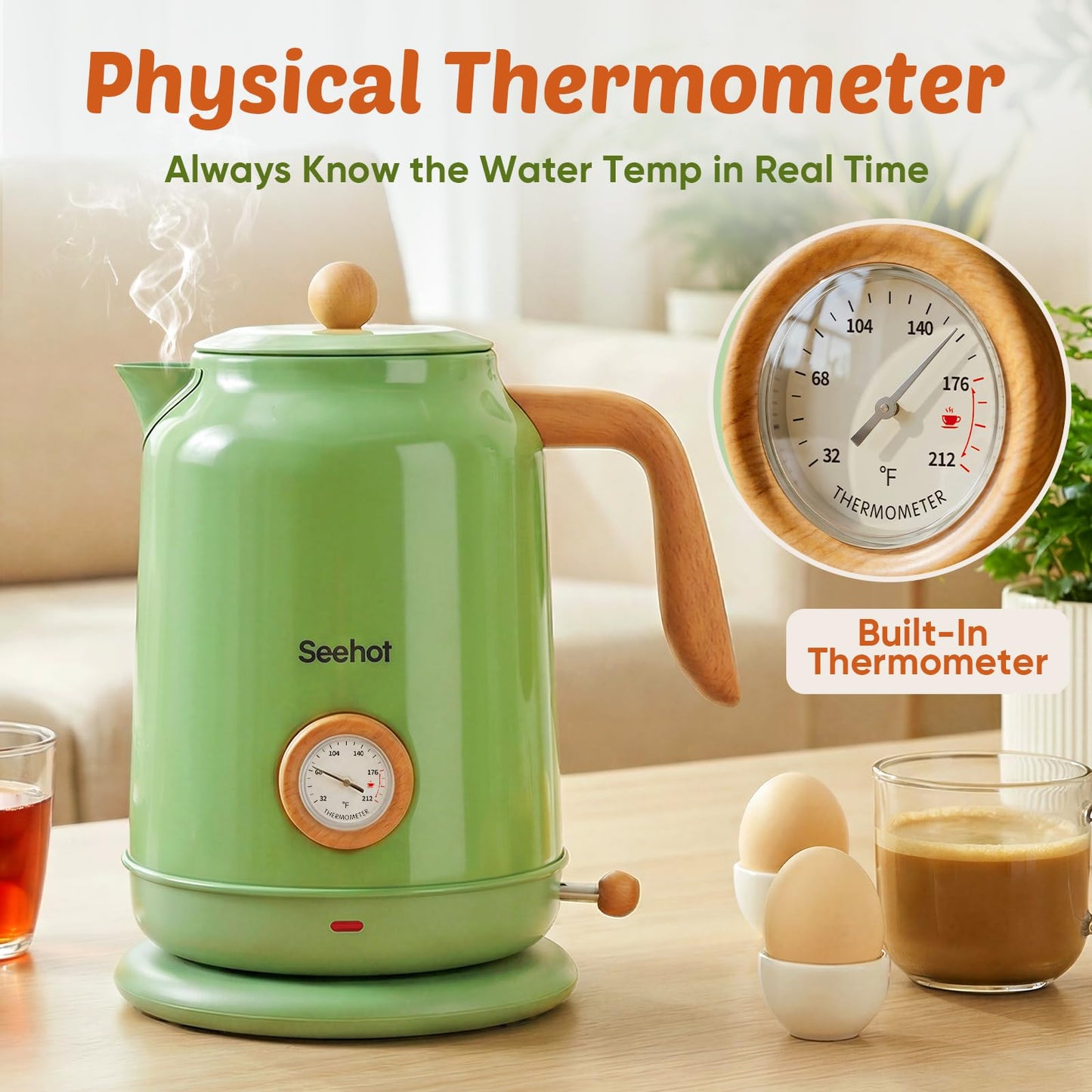 Seehot® 1.7L (57.oz) Electric Kettle with Thermometer, 1200W Large Electric Tea kettle with 304 Stainless Steel,Auto shut off,Hot water kettle Electric for Home,Office,Kitchens-Green