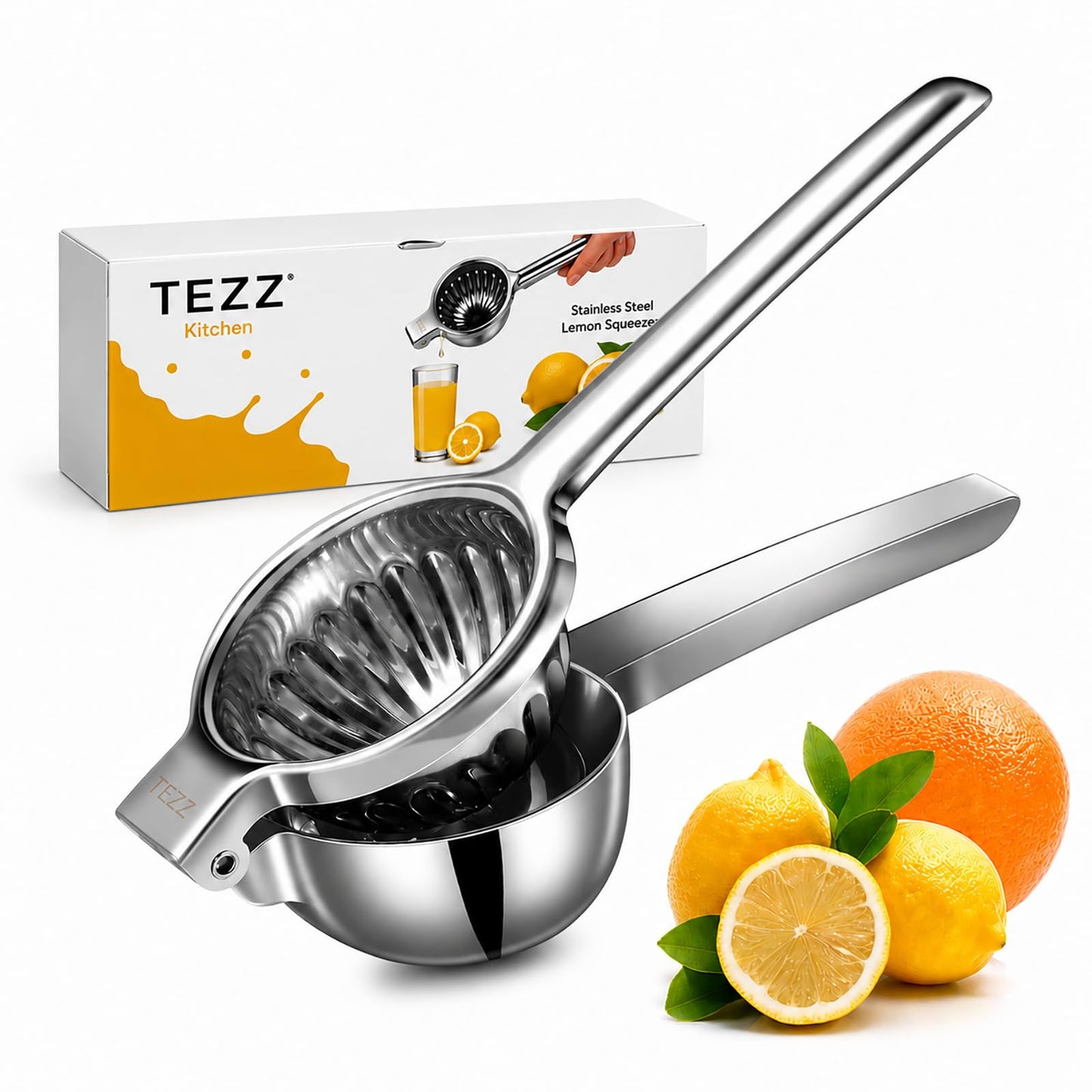 TEZZ Upgrated Extra Large Lemon Squeezer, Heavy Duty Handhelp Orange Juicer with 3.47'' extra big Filter Bowl, Stainless Steel Hand Press Citrus Juicer, Lime Squeezer Bar Tool, Manual Citrus Press