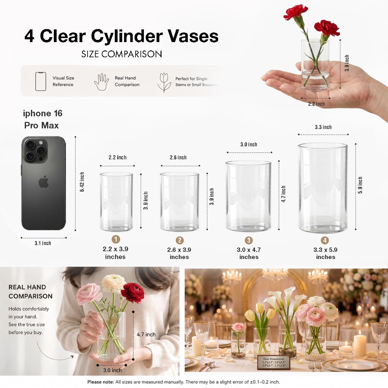 Wehomai 24pcs Glass Cylinder Vases for Centerpieces,Clear Flower Vases for Wedding Decorations and Indoor Home Decor, Hurricane Candle Holder for Table Shelf, Party
