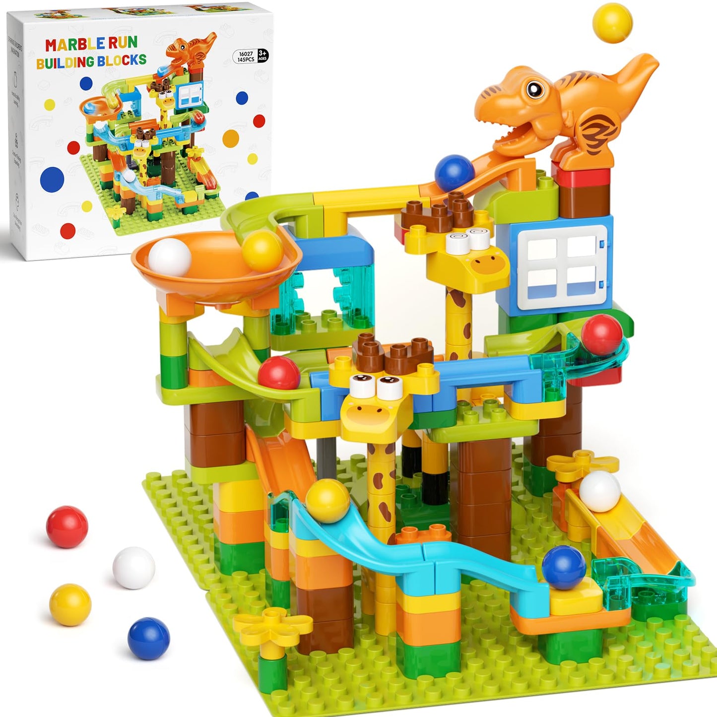Marble Run for Kids Ages 4-8 145 PCS Dinosaur Giraffe Building Blocks with 10 Marbles Slide Dino Smooth Edges Design Works with Large Brick Toys STEM Track Toys Creative Gift for Boys Girls