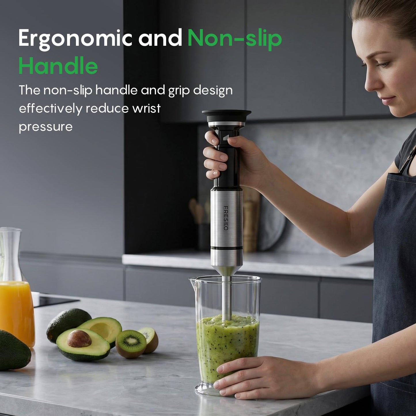 FRESKO Immersion Blender Handheld, Corded Hand Blender with Trigger Variable Speed, Anti-Scratch Stainless Steel Shaft, Stick Mixer for Soups, Shakes, Baby Food & Puree