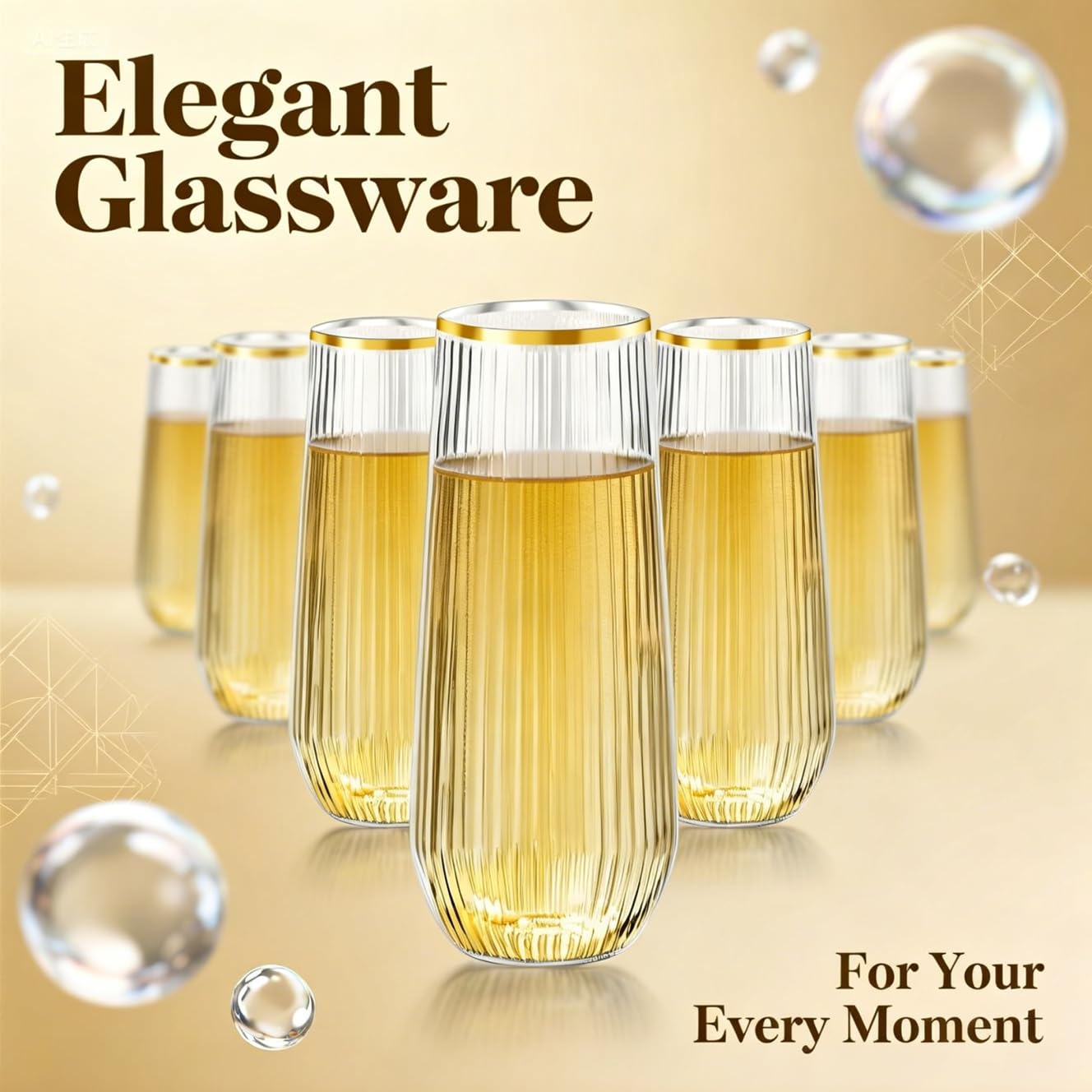 Lueumxc 48 Pack Plastic Champagne Flutes, 9 Oz Ribbed Stemless Disposable Gold Rim Plastic Toasting Glasses Shatterproof Recyclable and BPA-Free Perfect For Wedding