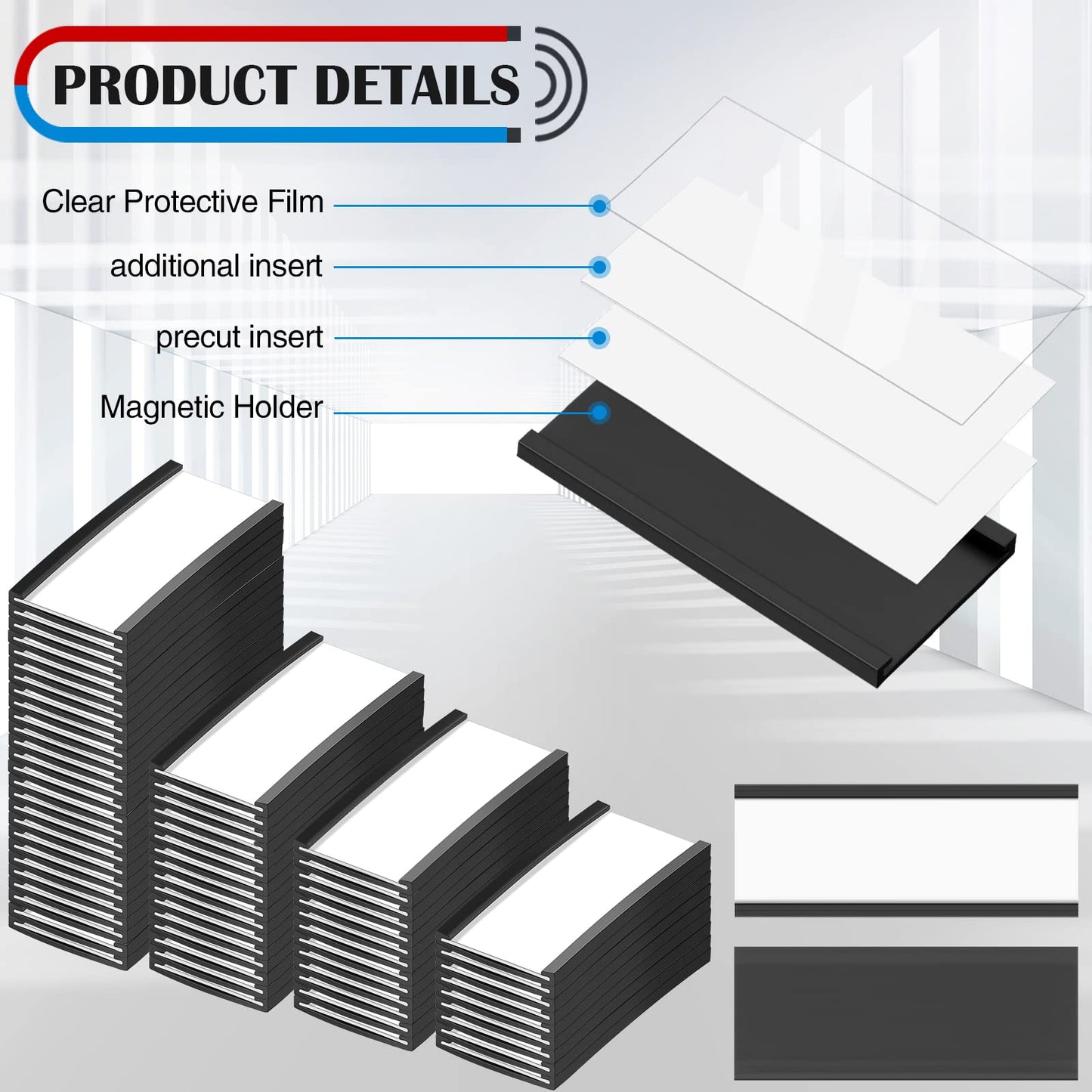 500 Pieces Magnetic Data Card Holders Channel Magnetic Label Holders Labels Racks with Magnets with 500 Protective Films and 1000 Replacement Strips for Metal Racks Shelf Bin (1 x 2 Inch)