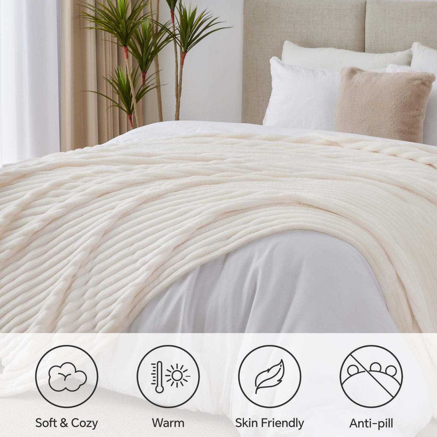BEDELITE King Size Blanket for Bed, 300GSM Soft & Warm Fleece Blanket, Decorative and Giftable Striped Cream White Blankets for Women, Men, 108"x90"