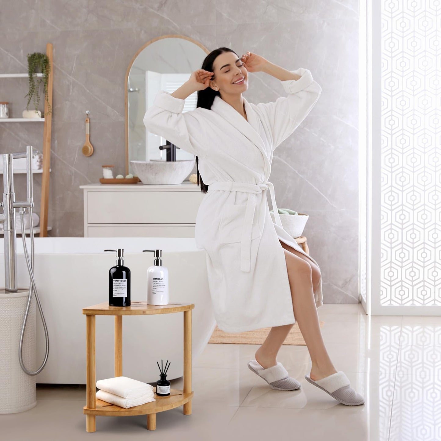 GUGIGIP Upgraded Bamboo Corner Shower Stool for Inside Shower Waterproof,2-Tier Shower Foot Rest with Storage Shelf,Corner Shower Shelf Bench Caddy Shaving Leg,Bath Seat,Gifts for Women Mom