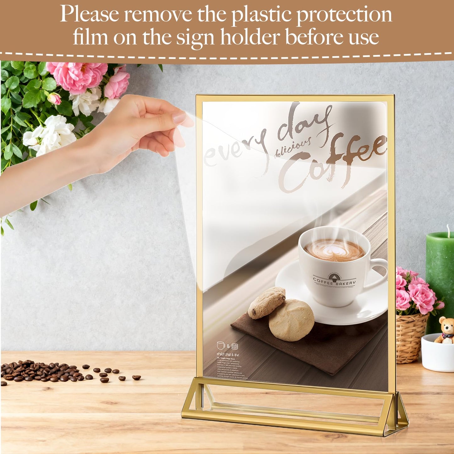 RETON 12 Pack Acrylic Sign Holder, A5 Clear Gold Frame Display Stand, Double Sided Picture Menu Flyer Holders, Wedding Table Number Frames for Cards Photo Party Decoration (A5)