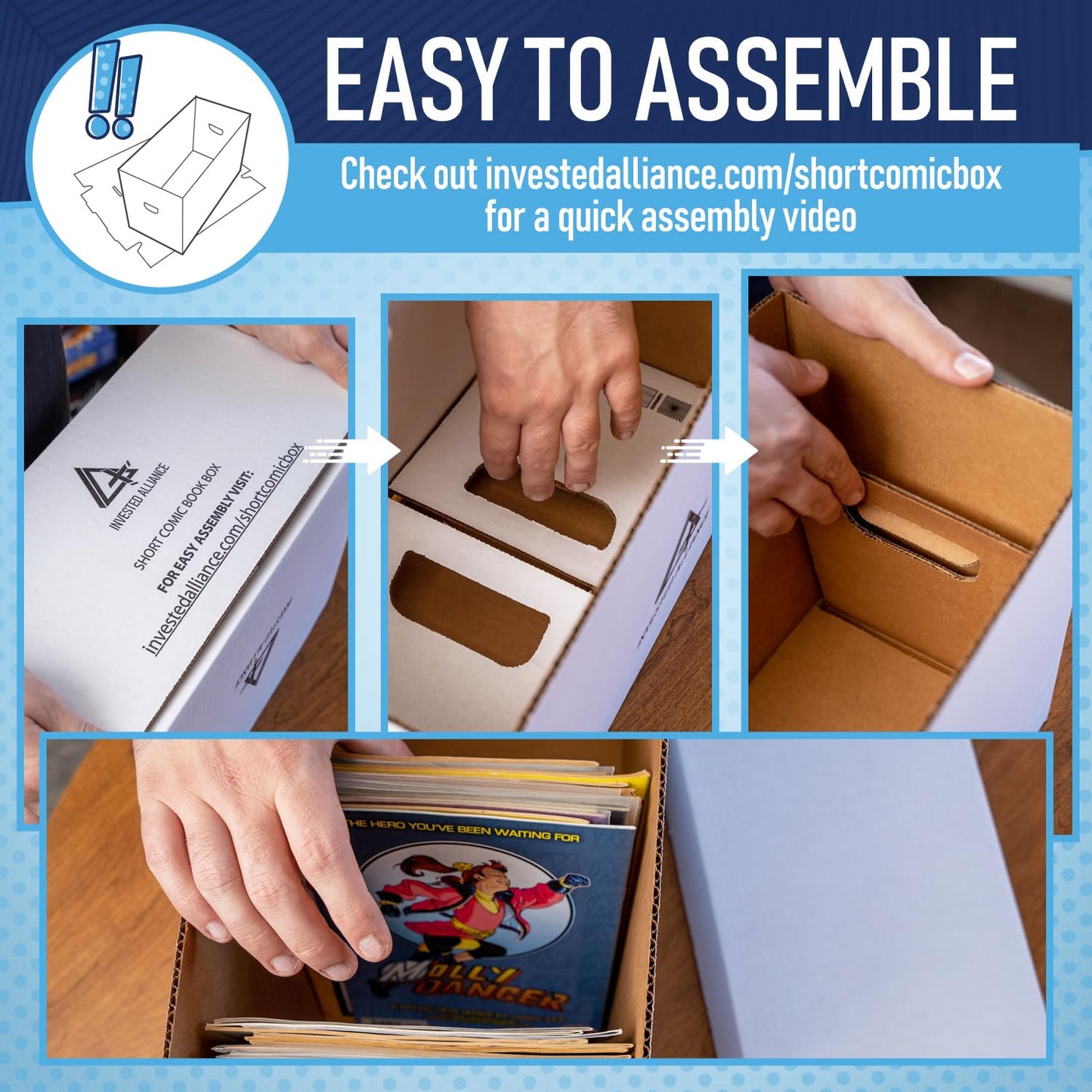 Invested Alliance Premium Short Comic Book Storage Box Organizer with Lid | Thick Cardboard Comic Storage Box For Collectibles Fits 150-175 Current/Silver Age, Heavy Duty & Stackable.