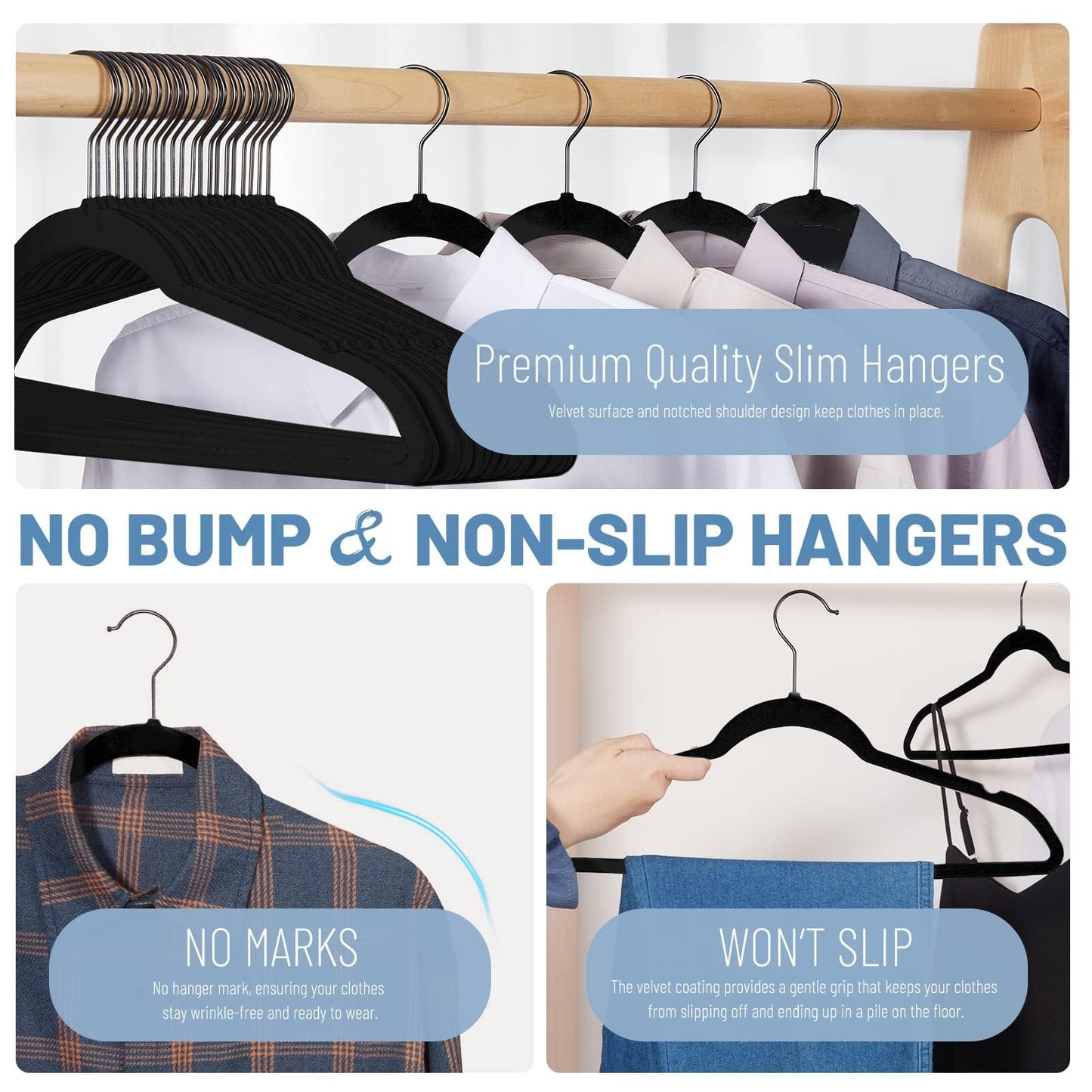 HOUSE DAY Black Velvet Hangers 60 Pack, Non Slip Felt Hanger, Slim Velvet Clothes Hangers for Suits, Shirt, Heavy Duty Coat Hanger for Closet