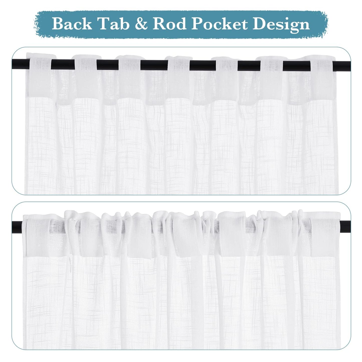 RYB HOME Semi Sheer Curtains 102 inches Long, Back Tab Light Filtering Half Privacy Window Curtains & Drapes for Bedroom Living Room, White, W 52 x L 102 inches, 2 Panels Set