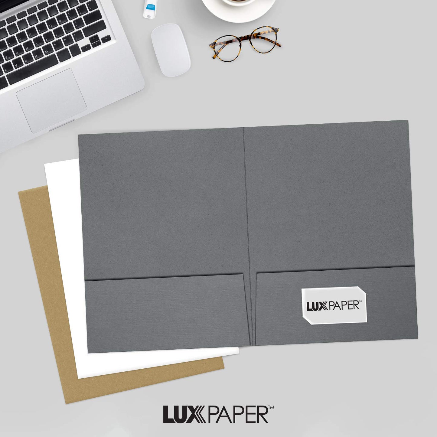 LUXPaper 9" x 12" Presentation Folders | Two Pocket | Front Cover Card Slits (Lower Right) | Sterling Gray Linen | 100lb. Cover | 25 Qty