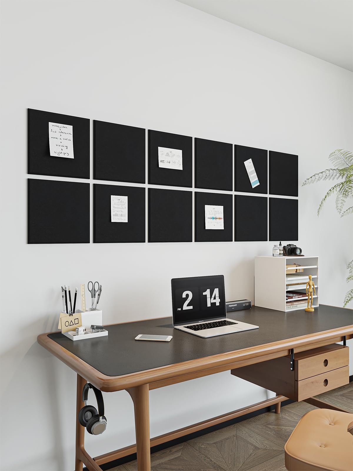 Lightomorrow 0.47" Thick Felt Pin Board Tiles, 15 Pack 11.8 x 11.8 in Custom Bulletin Board Layout, Cork Board Alternative with Adhesive & 30 Push Pins for Home Office Wall Setup, Black