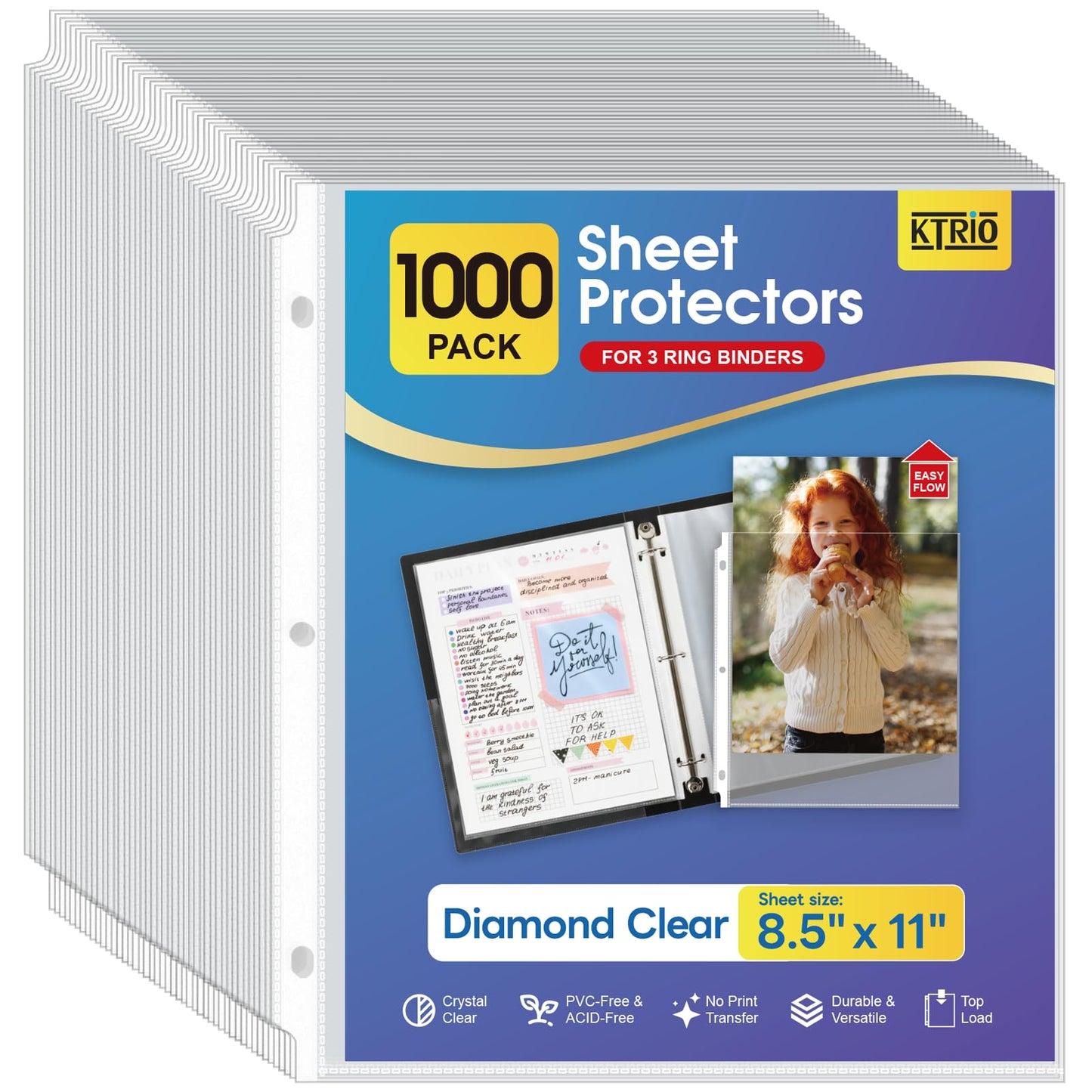 KTRIO Sheet Protectors 8.5 x 11 Inch, Clear Top Loading Page Protectors for 3 Ring Binder, Polypropylene Plastic Sleeves, Letter Size Document Protectors, Office & Home, 1000 Pack