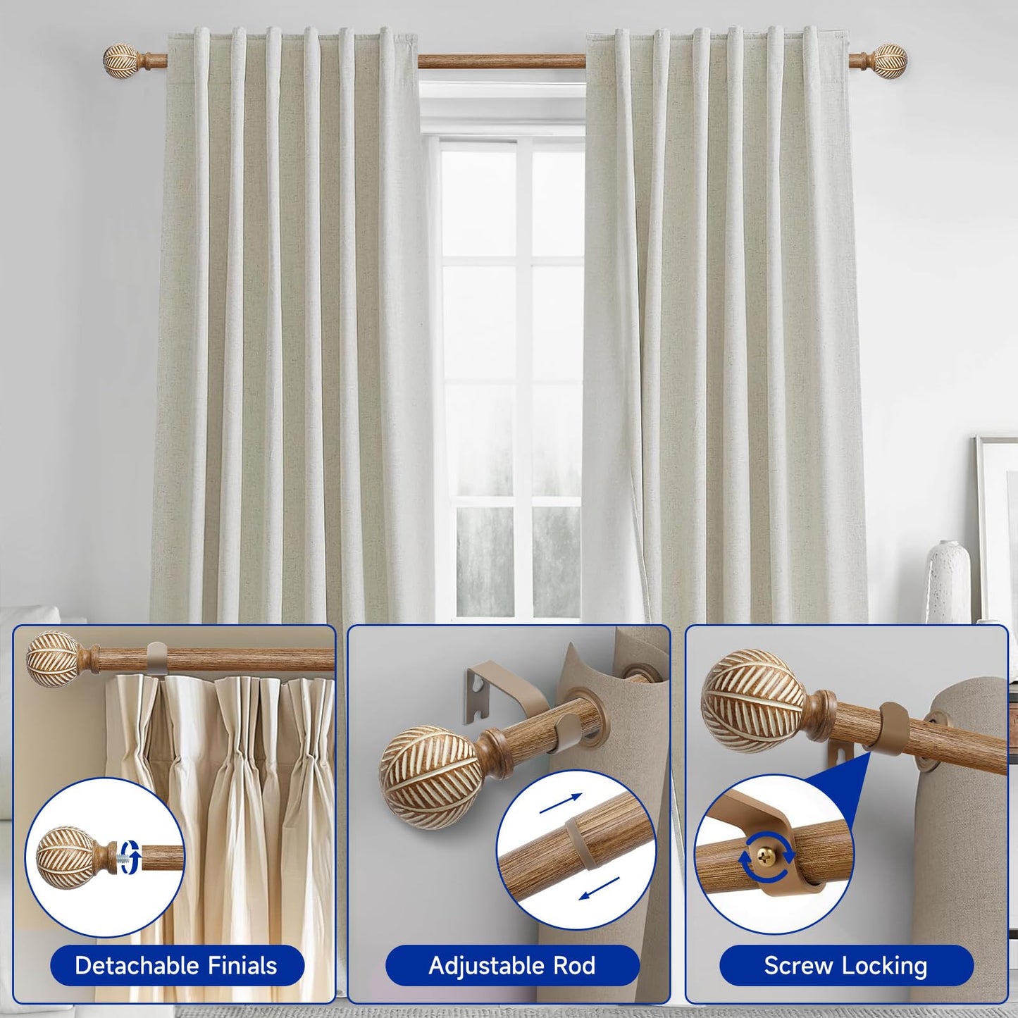 Wood Curtain Rods for Windows: 1 Inch Diameter Adjustable Drapery Rods 48" to 86", 2 Pack Heavy Duty Window Rod with Imitation Wood Grain Leaf Pattern Finials