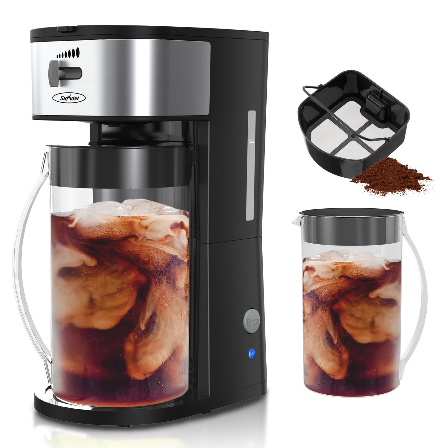 SUNVIVI Iced Tea Maker with 2.5-Quart Pitcher, Iced Coffee Brewing Maker for Ground Coffee, Tea Bags, Loose Leaf Tea, 7 Cups Coffee Machine for Home, Strength Control for Flavor, Black