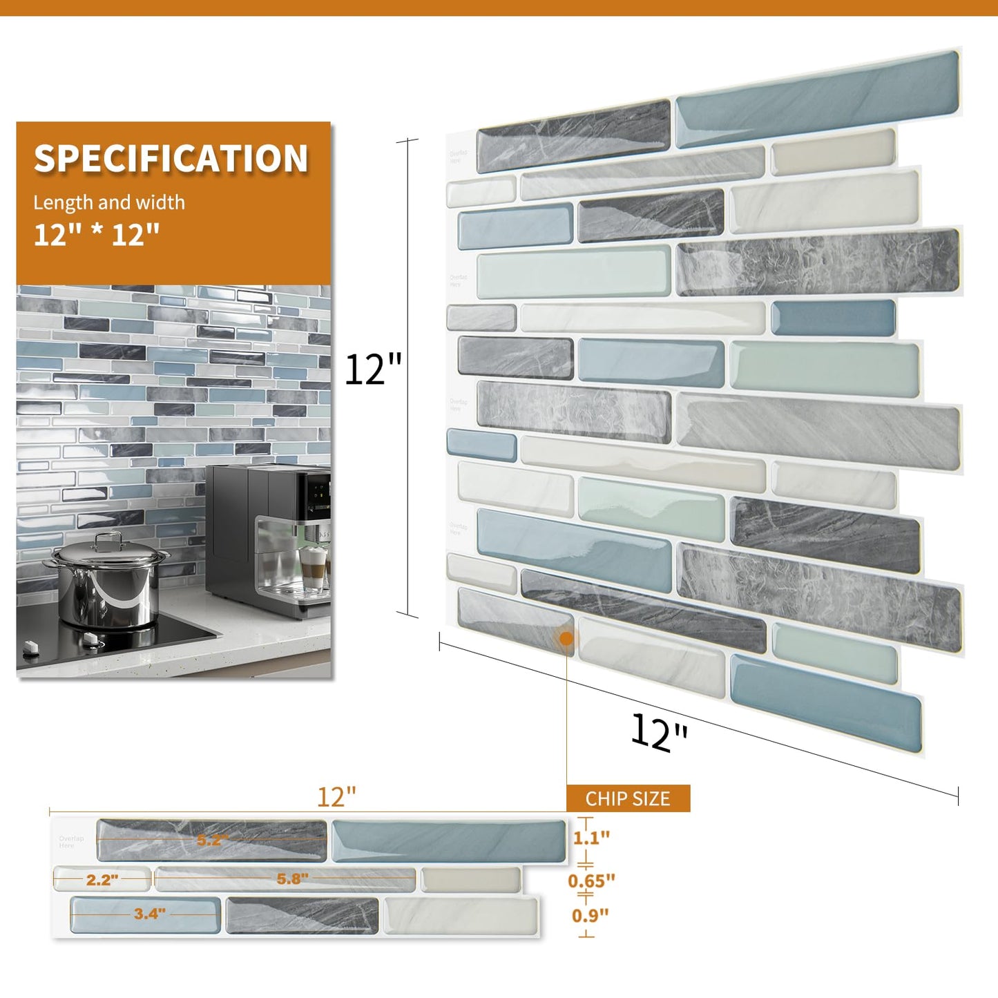 WOWSTAR 10-Sheet Peel and Stick Backsplash Tile for Kitchen, Back Splash Stick On Tiles for Kitchen Wall (Grey and Blue)