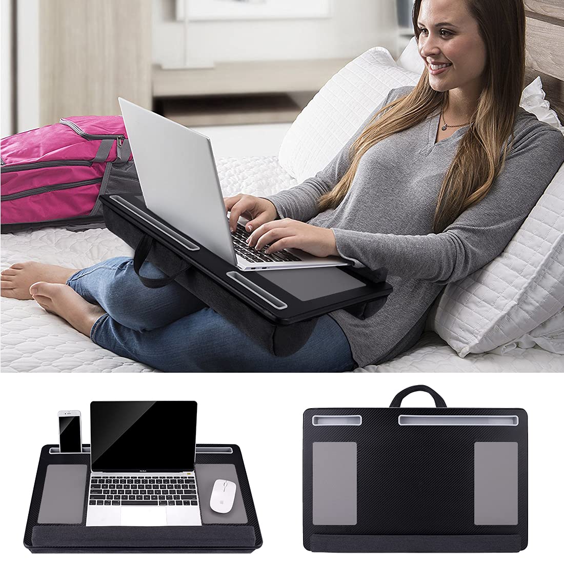 Extra Large Lap Laptop Desk- Home Office Portable LapDesk with Mouse Pad & Wrist Rest for Notebook/MacBook/Tablet, Sofa Bed Working, Writing, Drawing (Carbon Black, Fit Up to 17-inch Laptops)
