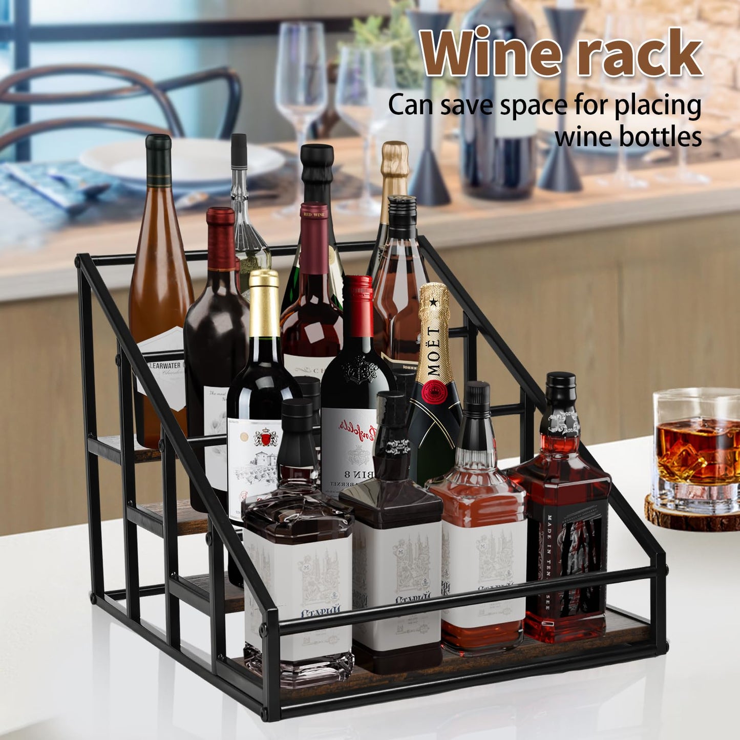 YQBRAO Coffee Syrup Rack Organizer,Liquor Bottle Display Shelf,Water cup display stand,Spice Rack Kitchen Cabinet Organizer,Rustic Brown,2 Packs 4 Tier 16 Bottle Coffee Syrup Holder