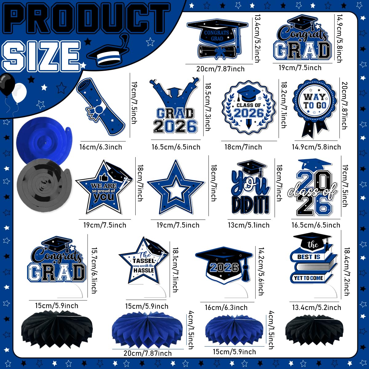 Graduation Decorations 2026 Blue Class of 2026 Congrats Grad Backdrop Door Banner Tablecloth Balloons Cake Topper Honeycombs Hanging Swirls for Graduation Party and High School College Celebrations