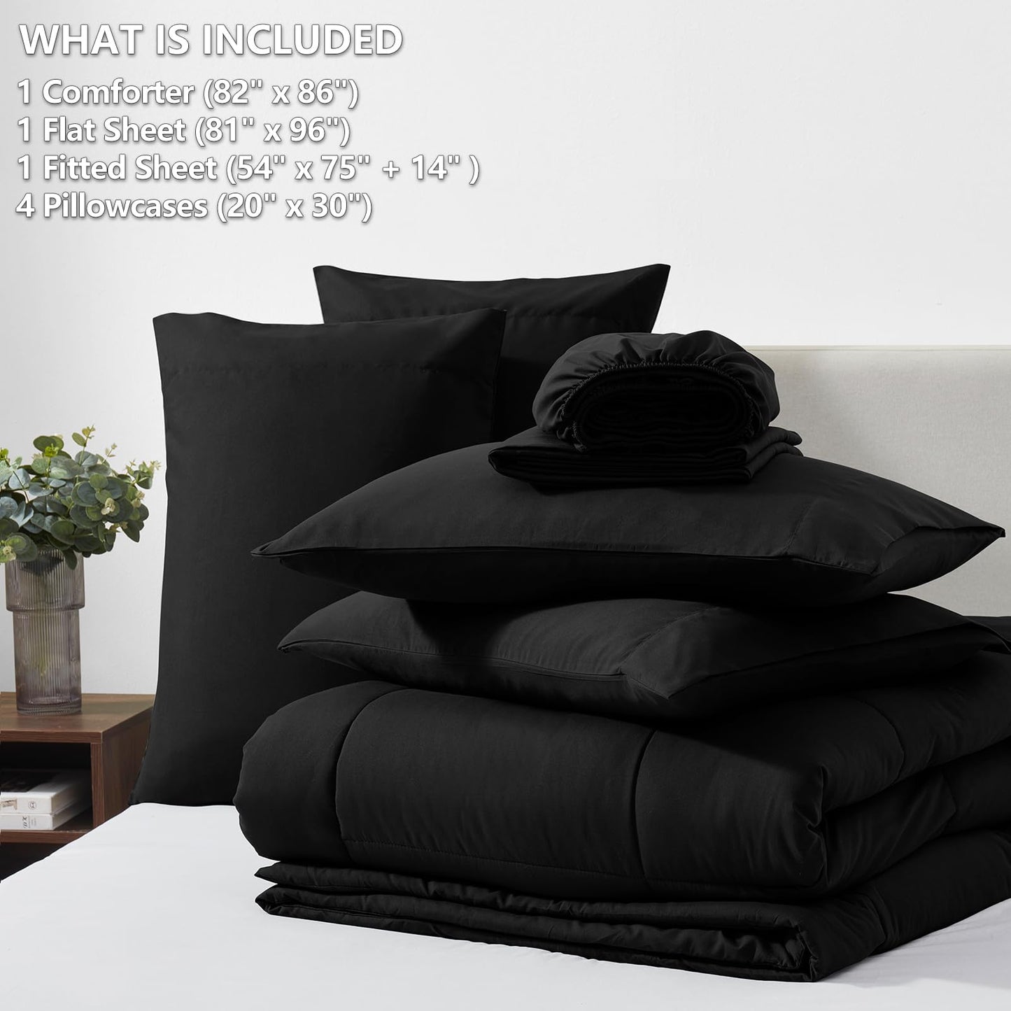 CozyLux Full Size Comforter Sets Black, 7 Pieces Bed in a Bag, Black Comforter Full Size, All Season Bedding Sets with Stitch Quilted Comforter, Flat Sheet, Fitted Sheet, Pillowcases