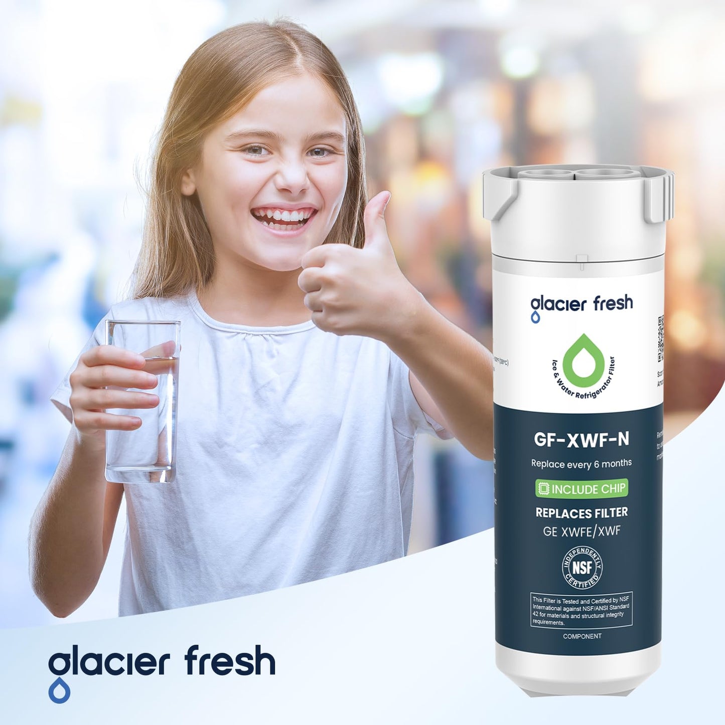 GLACIER FRESH Water Filter Compatible with XWFE (Built-in CHIP), Replacement for GE XWFE, XWF Refrigerator Water Filter NSF/ANSI 42 Certification Pack of 1