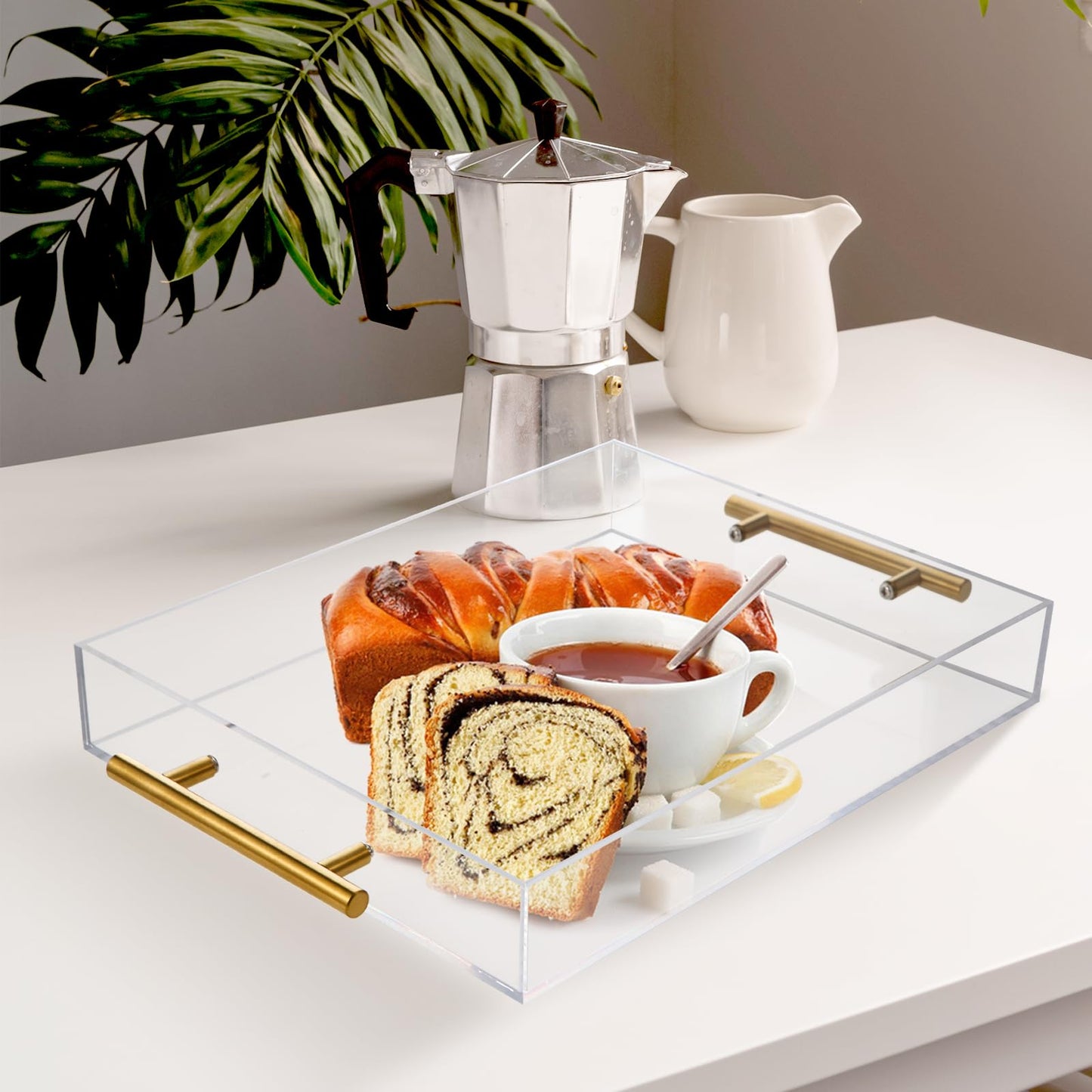 3 Pack Clear Acrylic Serving Tray with Gold Handles, Spill-Proof Acrylic Tray, Decorative Organizer Tray for Coffee Table Countertop Bathroom Vanity Appetizer Breakfast