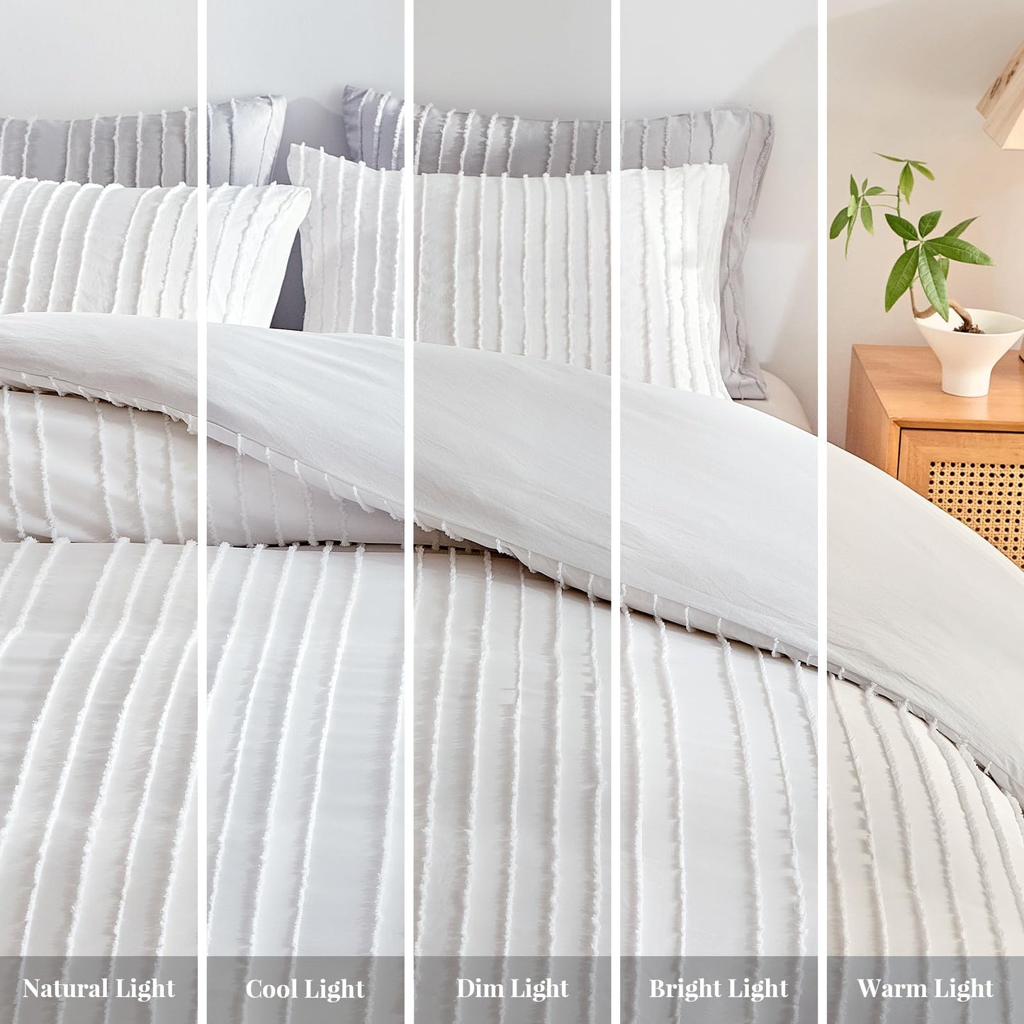 WARMDERN White Boho Duvet Cover Set King Size, Striped Textured Duvet Cover Tufted Bedding Set, 3 Pcs Ultra Soft Washed Microfiber Duvet Cover with Zipper Closure (King, White)