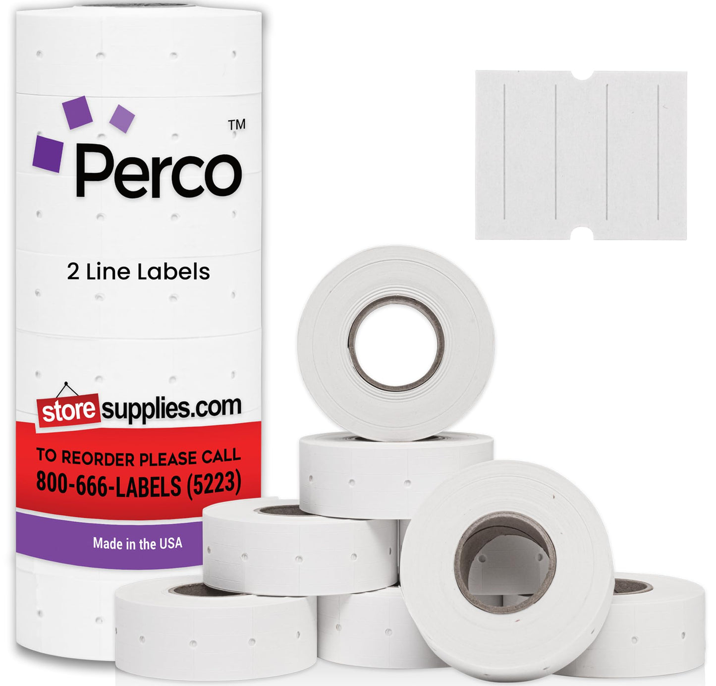 Perco 2 Line White Labels - 8 Rolls, 1 Sleeve, 6,000 Blank Price and Date Gun Labels for Perco 2 Line Price and Date Guns - Made in USA