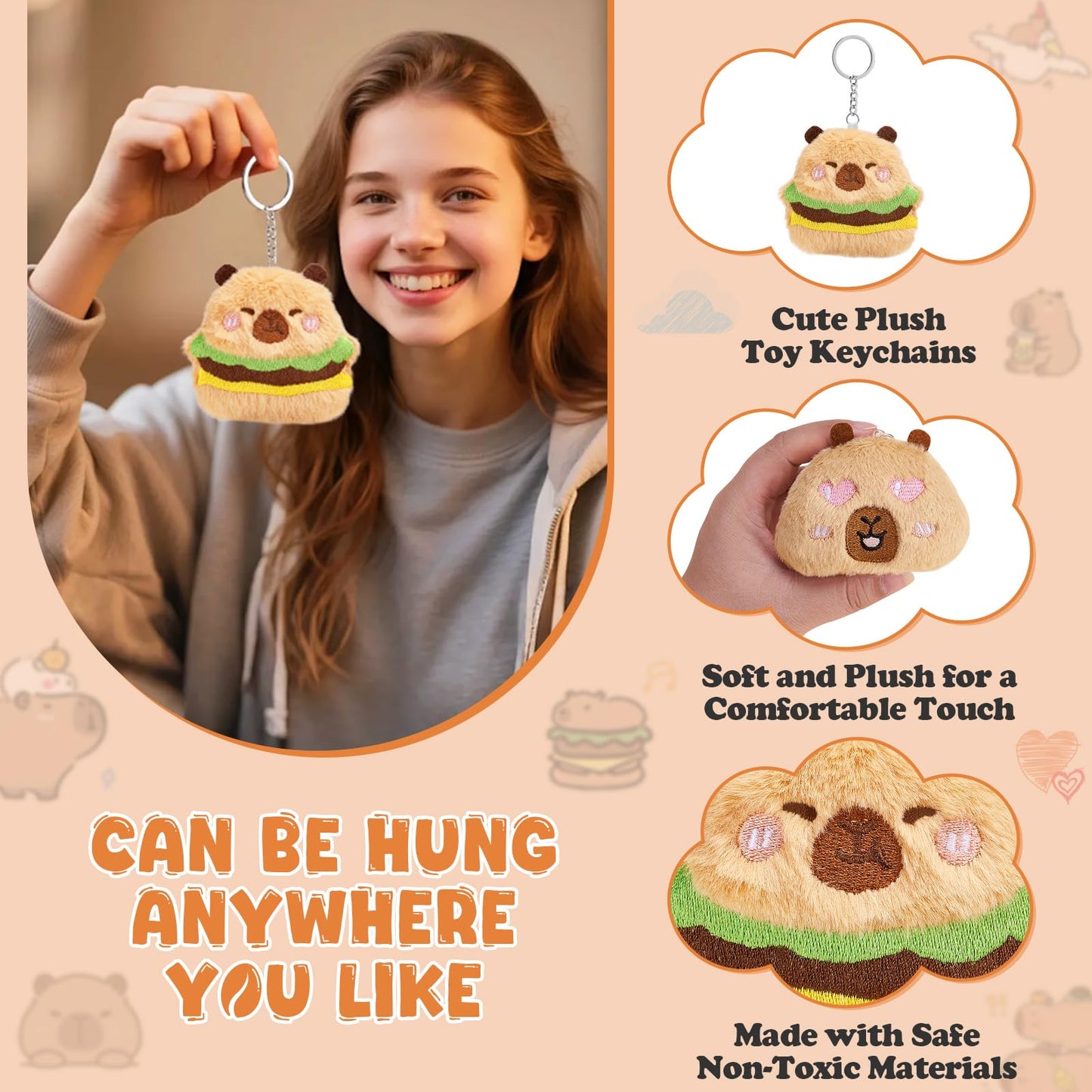 WYZOID 24 PCs Kids Keychains, Capybara Plush Keychains, Funny Plush Backpack Charms, Perfect for Birthday Gifts, Back-to-School Goodie Bags, Classroom Prizes, Party Favors