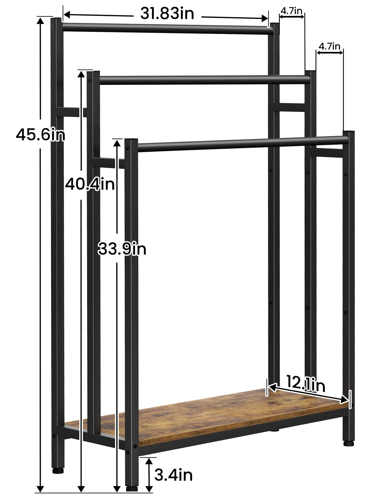 46" Extra Large Freestanding Towel Rack Stand for Bathroom, 3 Tier Blanket Ladder Holder, Outdoor Bath Towel Drying Rack with Shelf, Next to Tub or Shower, Quilt Rack, Rustic Brown and Black