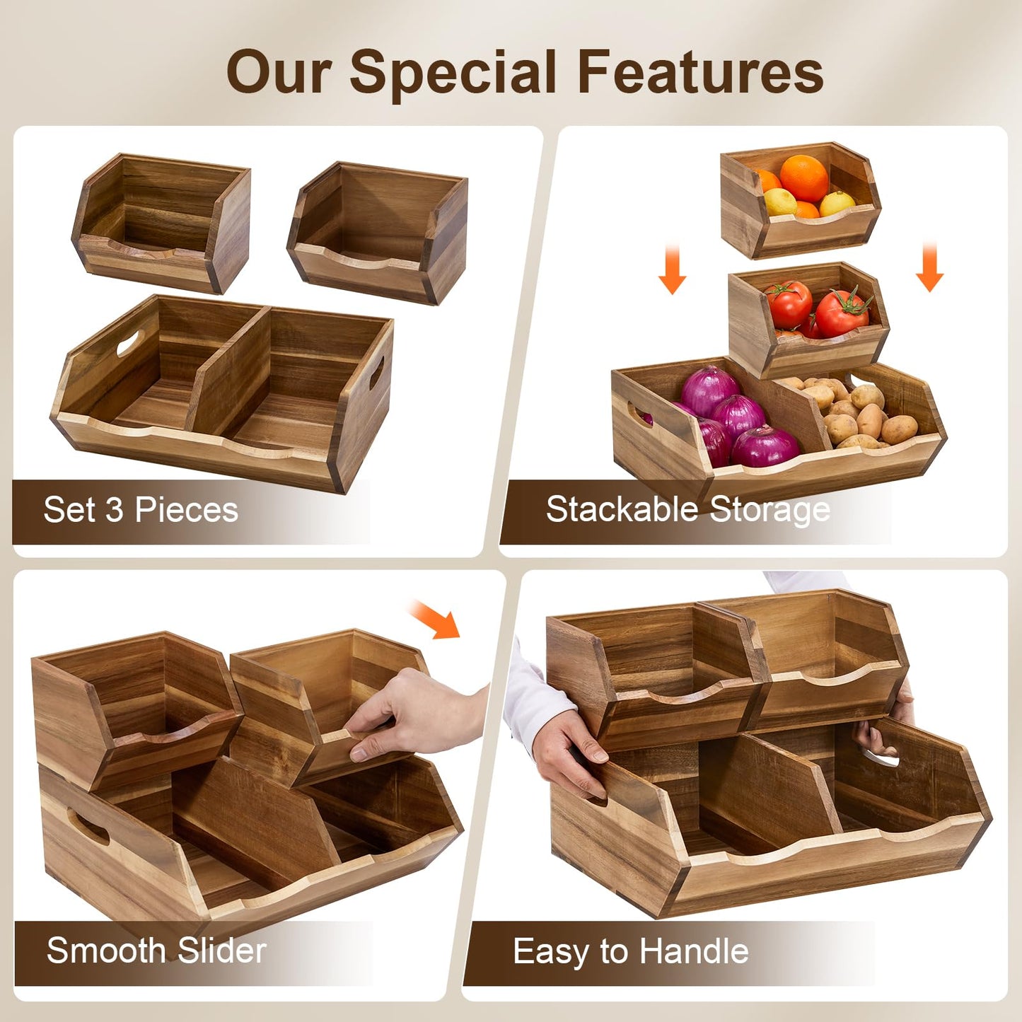 ICOHOT Acacia Wood Pantry Storage Bins, Stackable Storage Baskets Potato and Onion Storage Bins, Pantry Organizer Wooden Baskets Organization and Storage, Set 3 Pieces