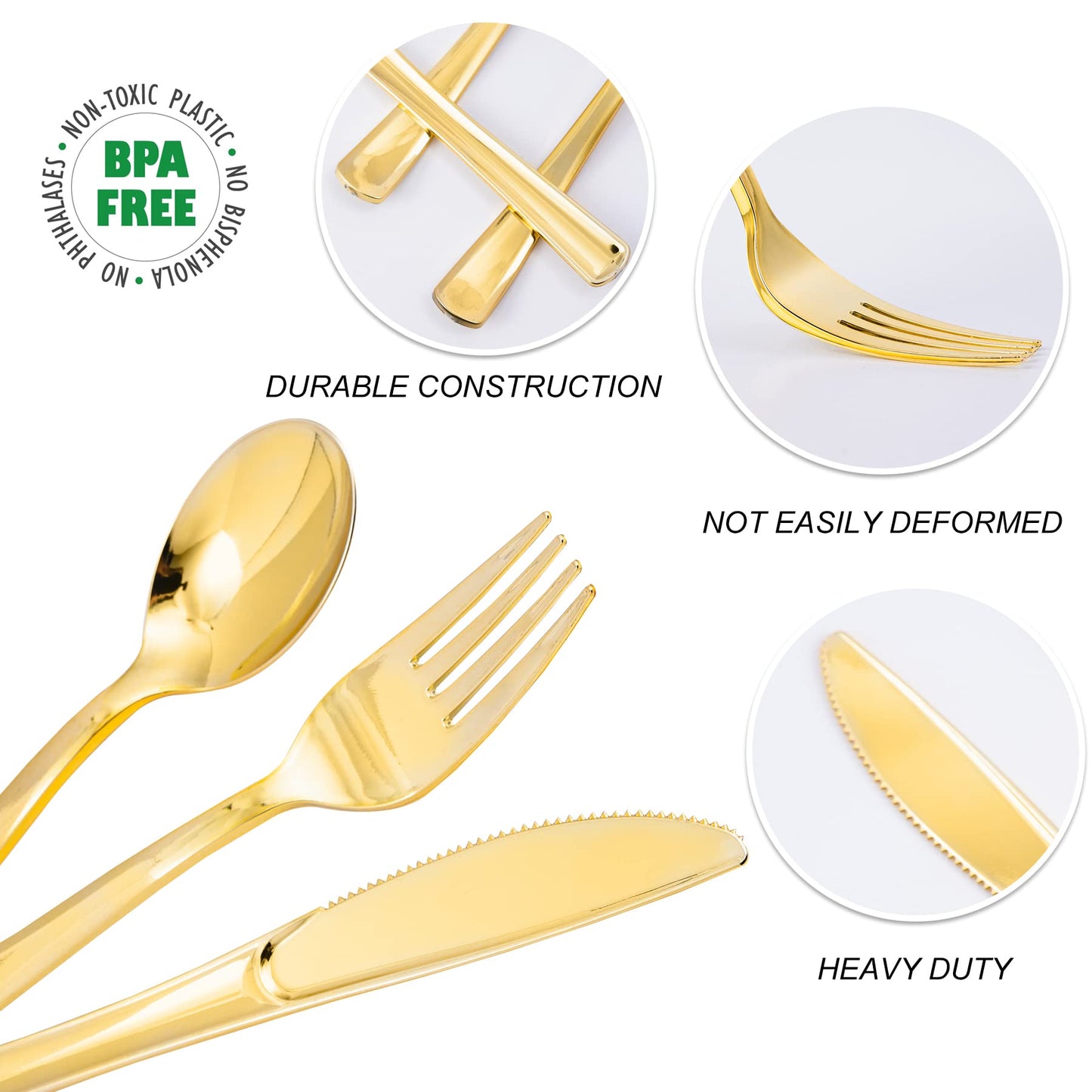N9R 500PCS Gold Plastic Silverware - Gold Plastic Cutlery Set Disposable Flatware Dinnerware -200 Forks, 150 Spoons, 150 Knives for Party, Birthday, Wedding Utensils