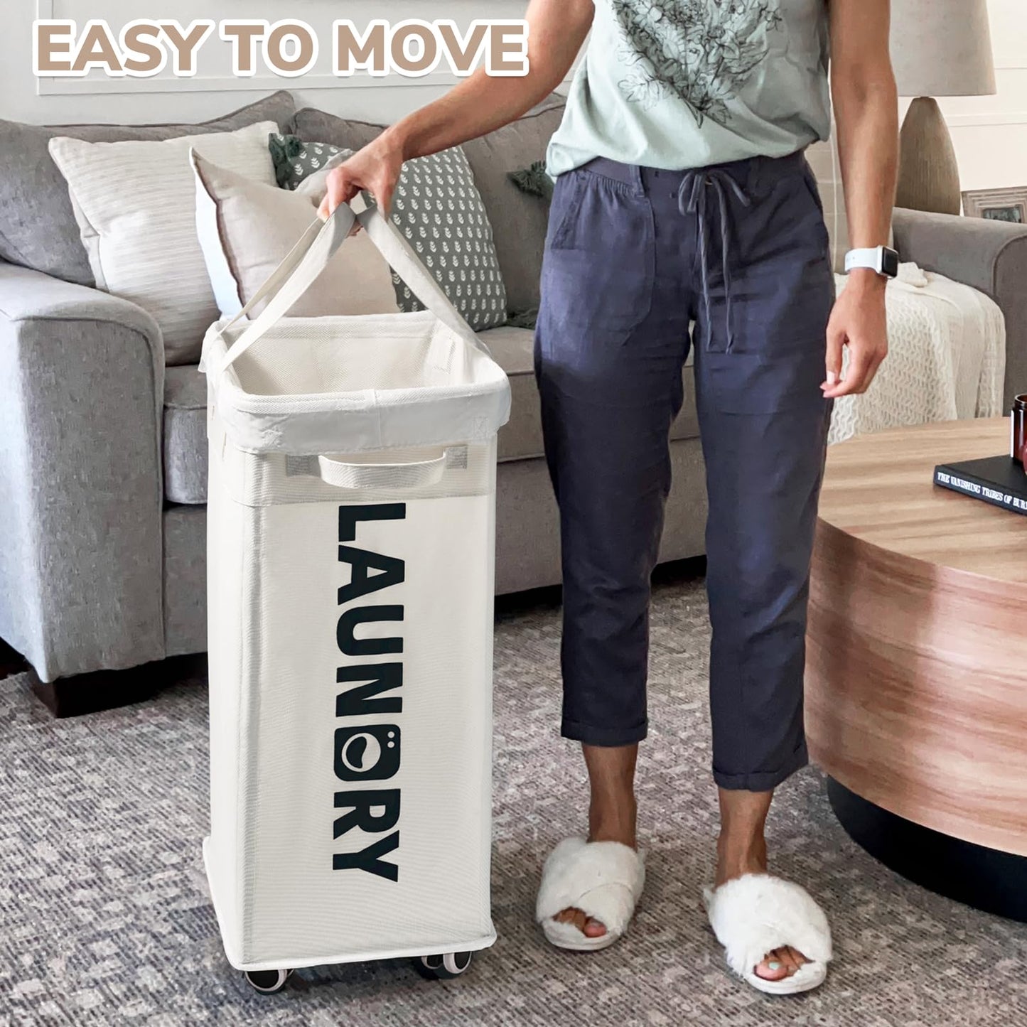 CHICVITA 2-Pack Laundry Baskets with Wheels and Handle,75L Collapsible Clothes Basket with Removable Wash Bags for Dorms and Corners, White Rolling Laundry Hamper