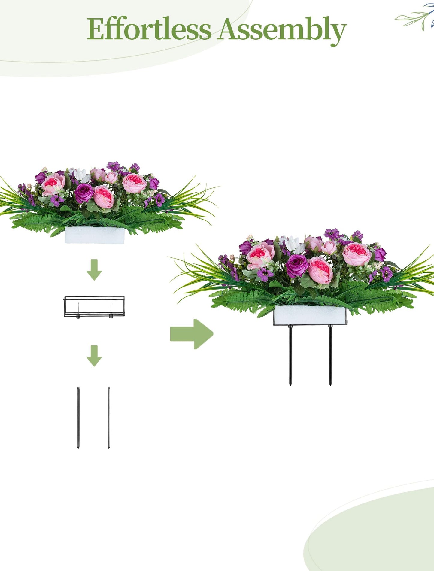Memobloom Artificial Cemetery Flowers with Stake: 1Pc Purple Roses Pink Peonies Realistic Memorial Day Grave Flowers for Cemetery - Outdoor Grave Decorations Funeral Arrangements