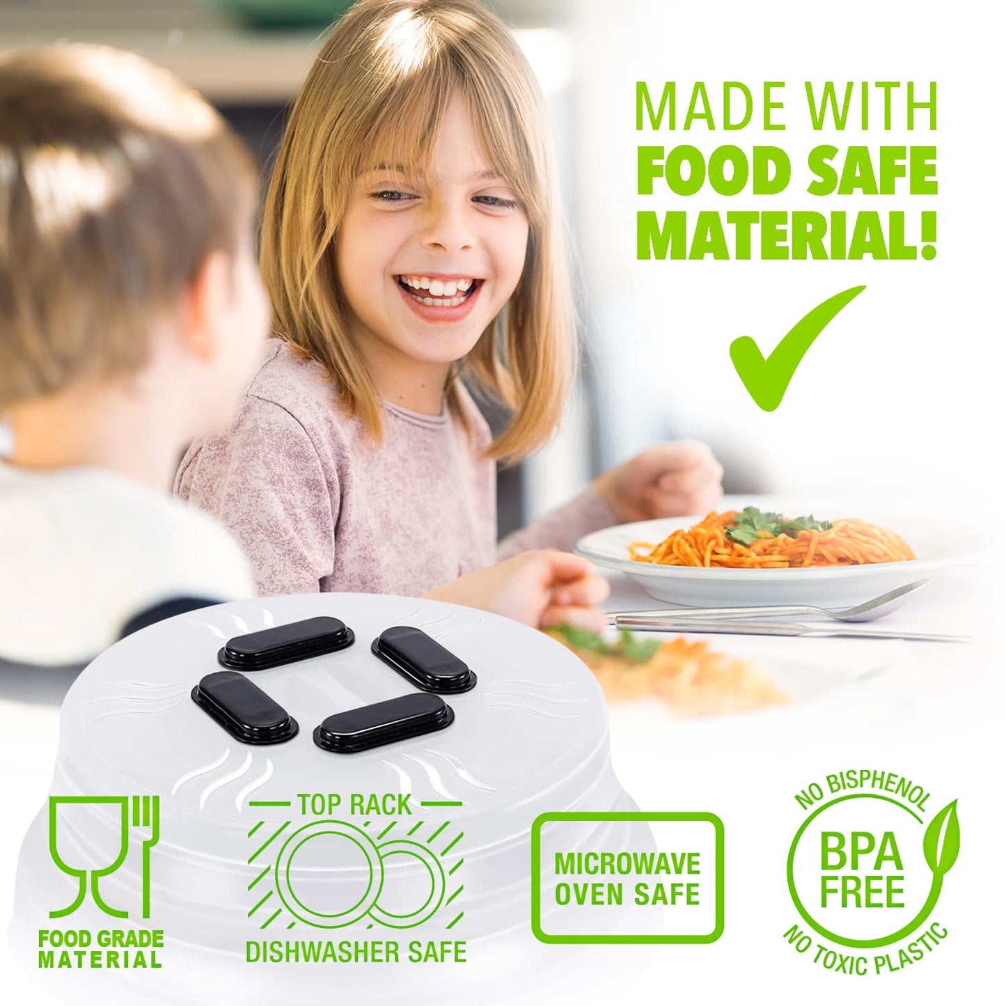 HOVER COVER Magnetic Splatter Cover, 10-Inch Clear BPA-Free Food Lid, Vented Plate Guard with Steam Vents, Anti-Splash Microwave Lid, Dishwasher Safe, Space-Saving Magnetic Storage - Black